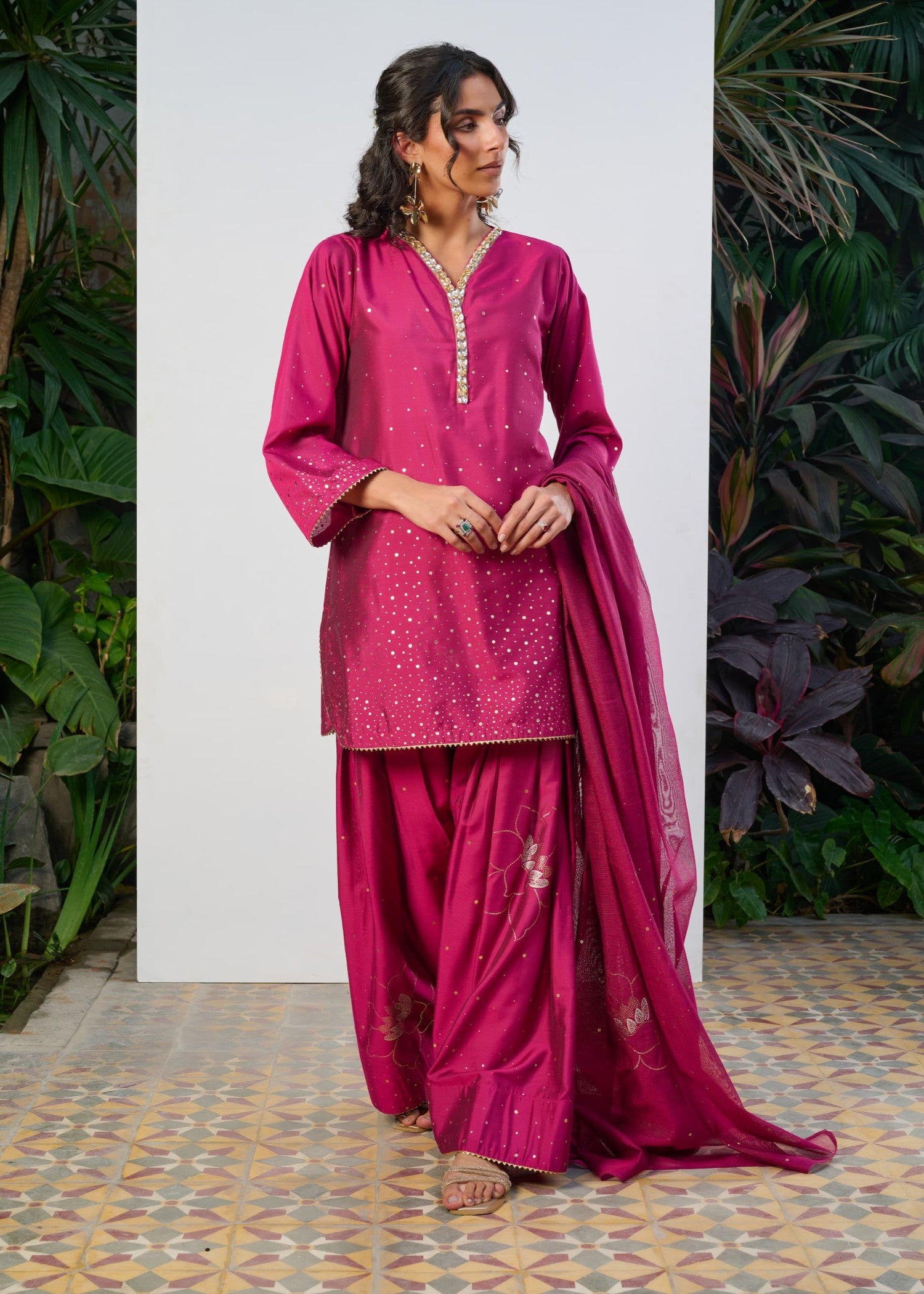 cotton silk Kurta Set in Hot pink