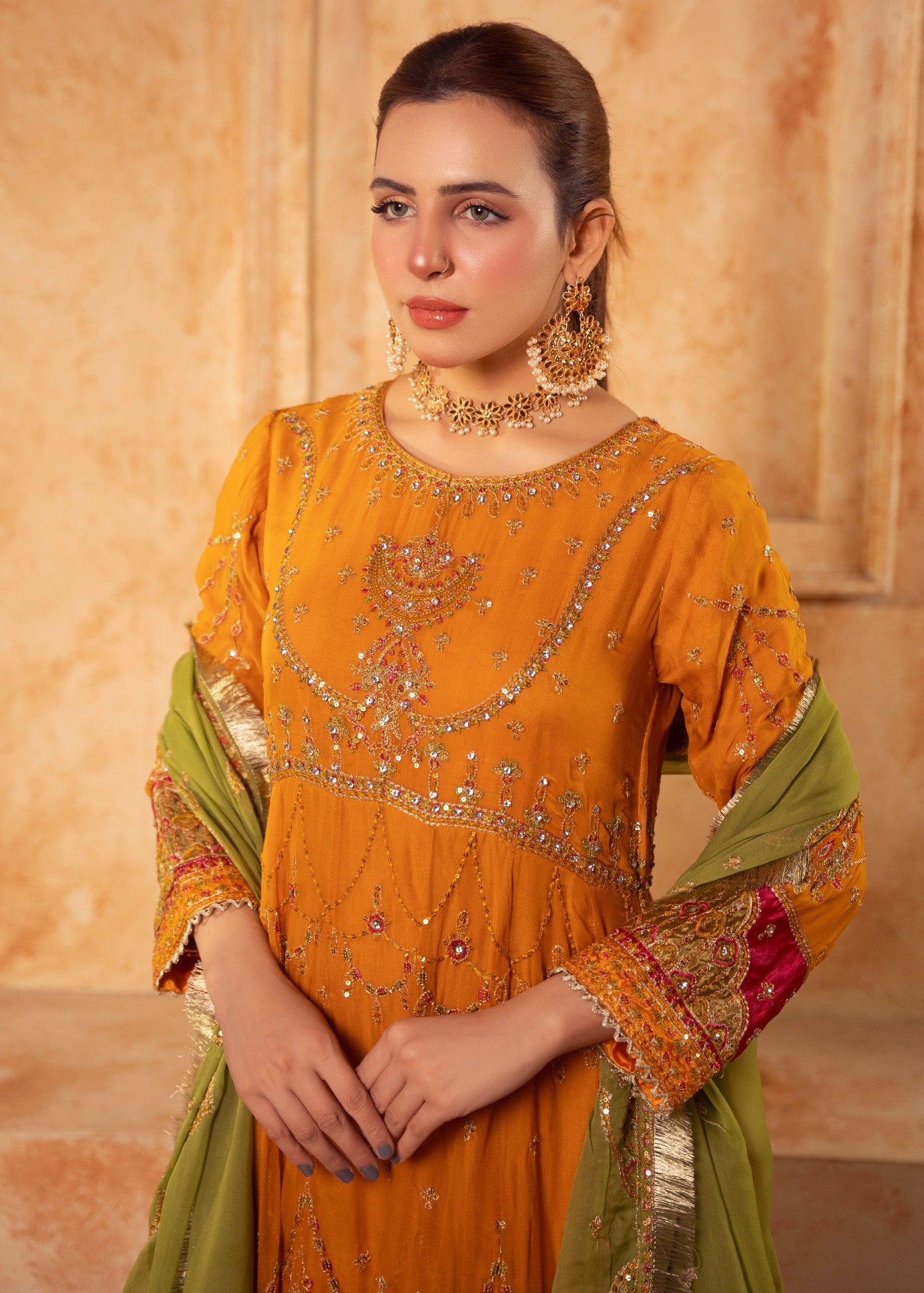chiffon Pishwas in Yellow ochre