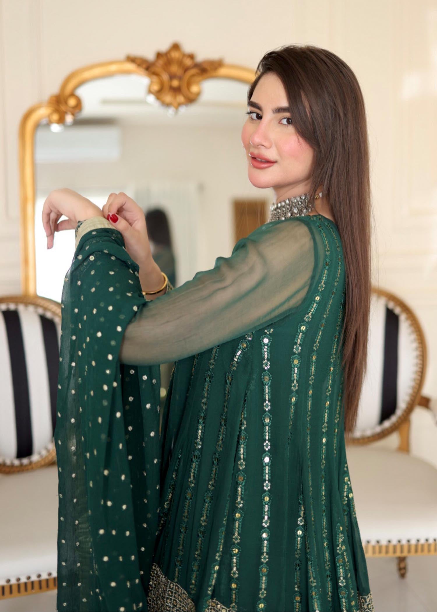 chikankari cotton Gown in Bottle green
