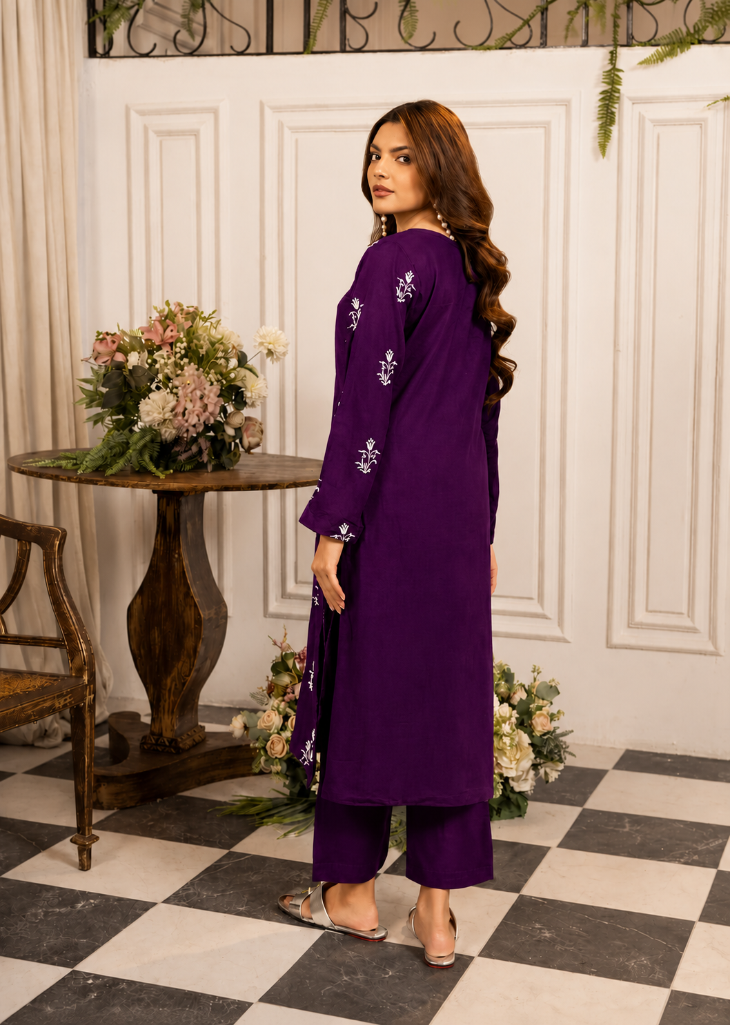 linen Kurta Set in Deep purple
