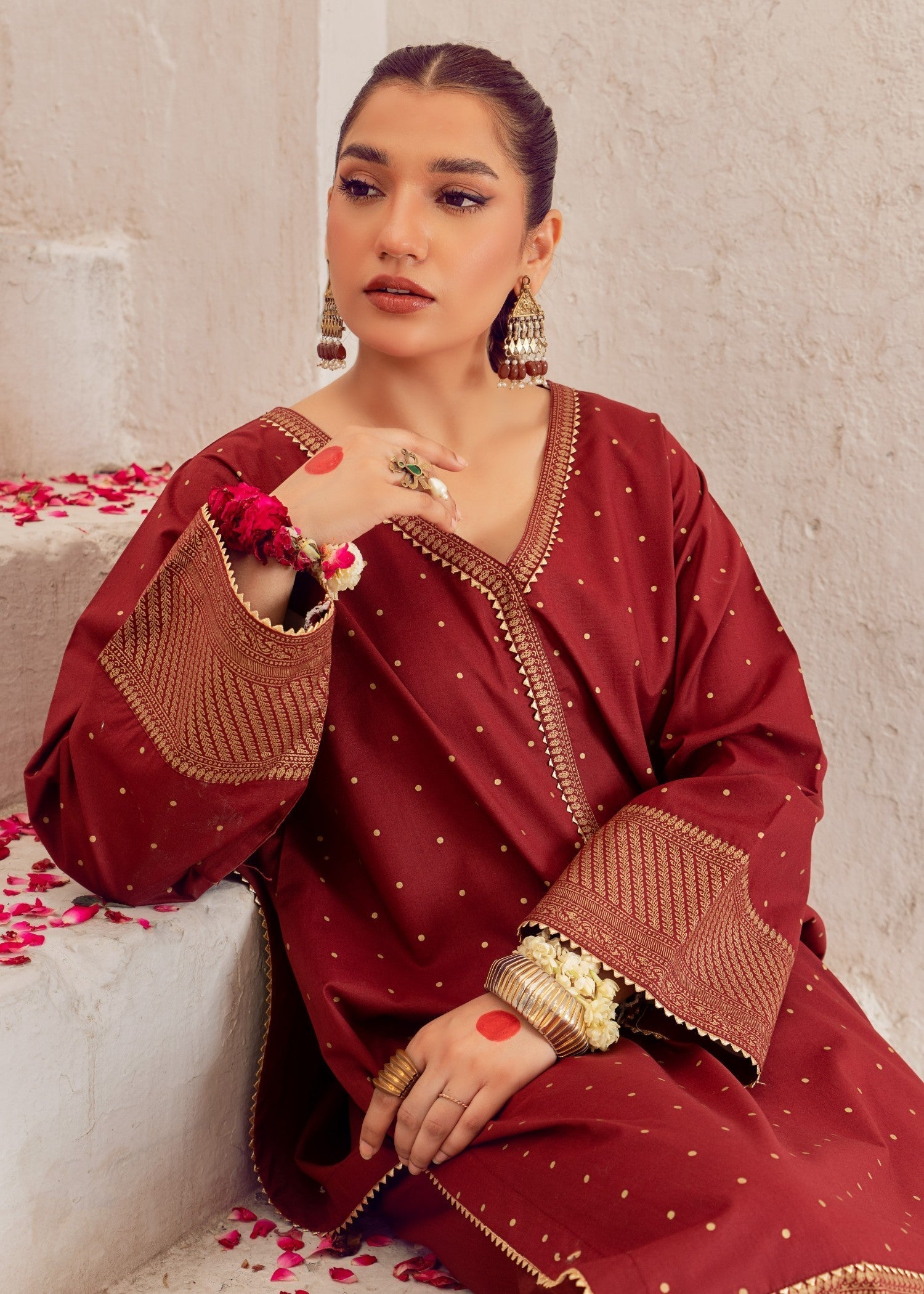slub lawn Kurta Set in Maroon