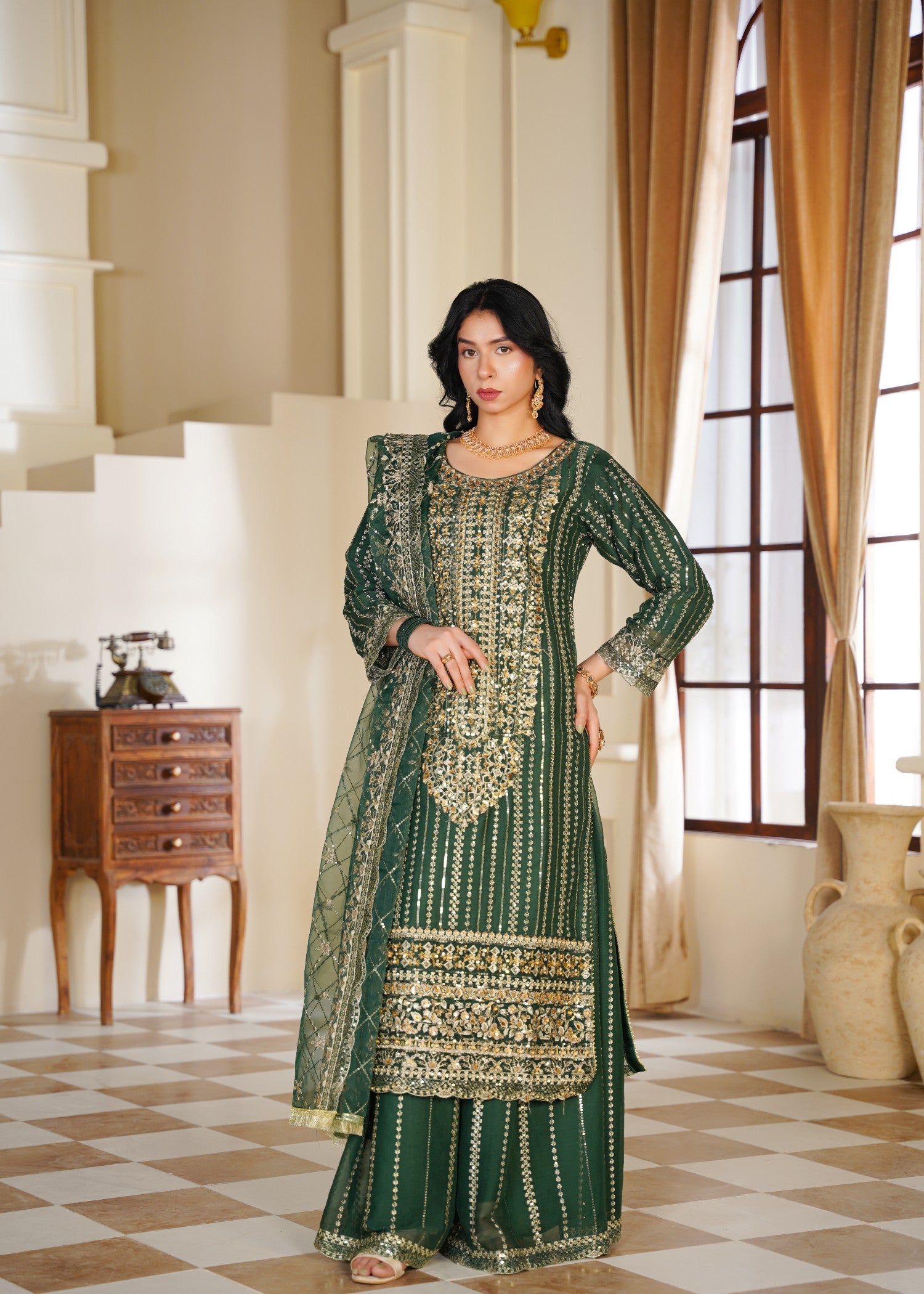 chiffon Sharara in Green, gold