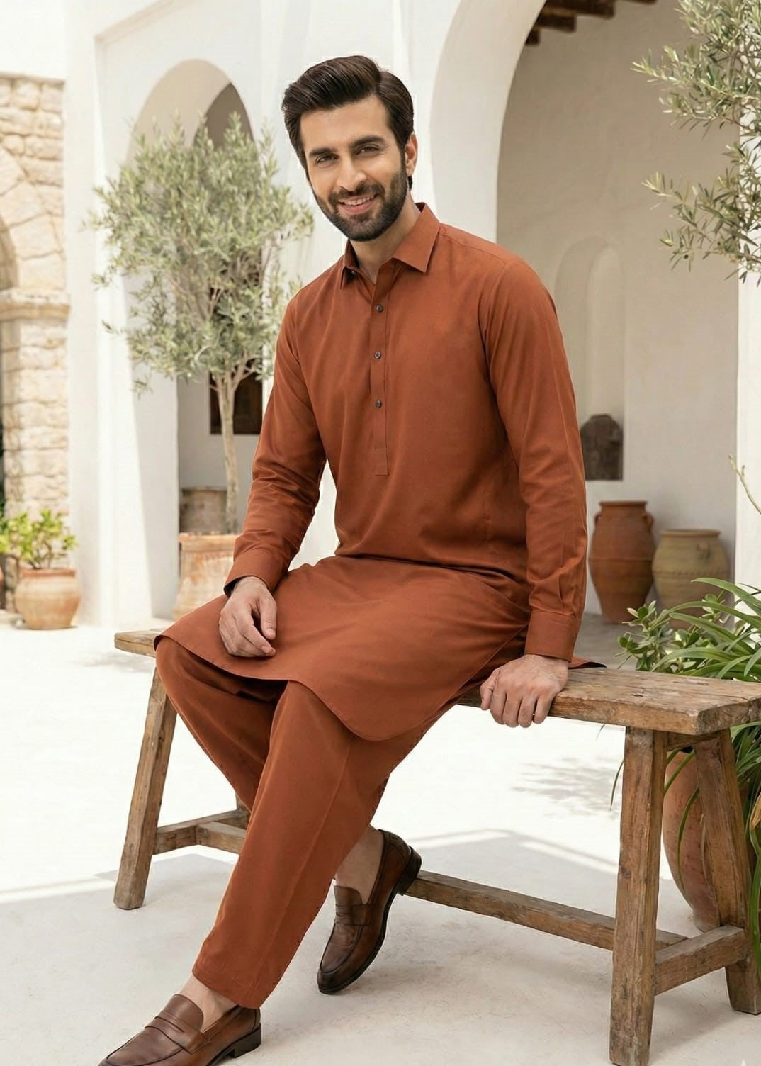 wash & wear Shalwar Kameez in Rust orange