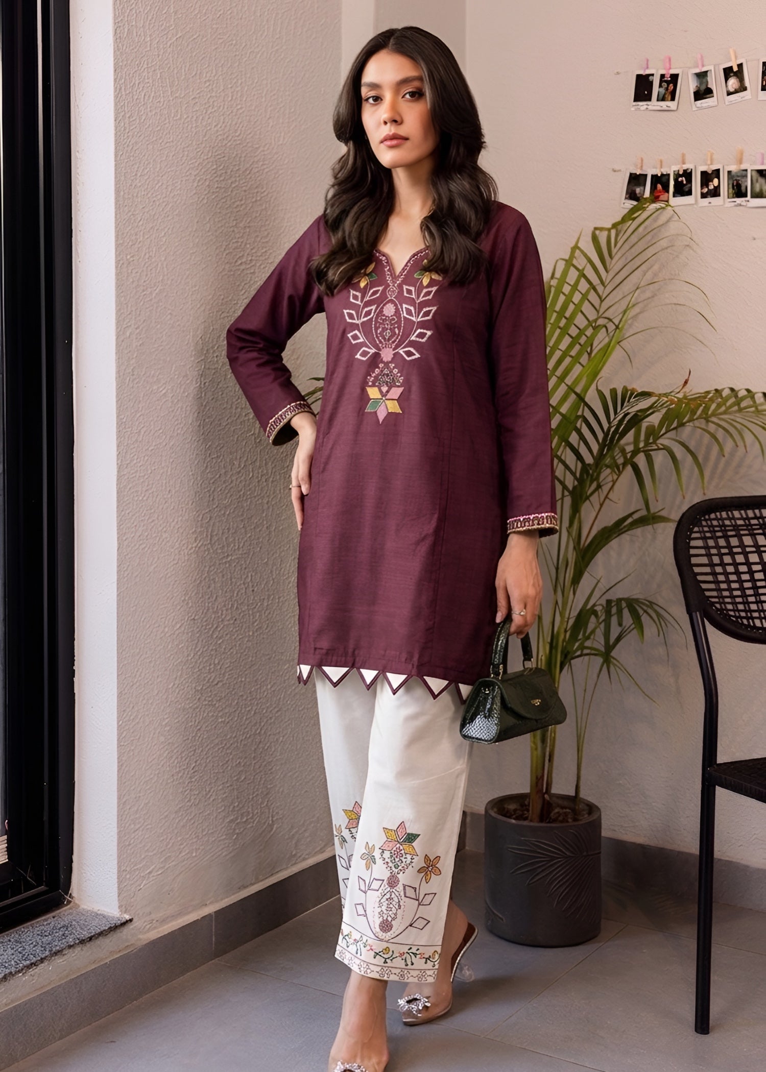 cambric Kurta Set in Plum
