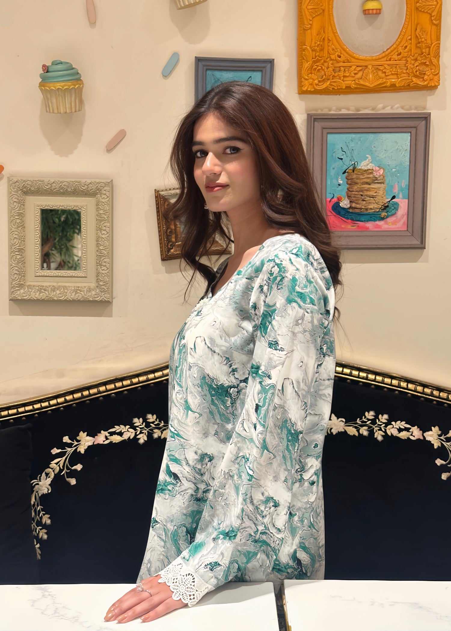 arabic lawn Kurta Set in Bottle green, white, sea green