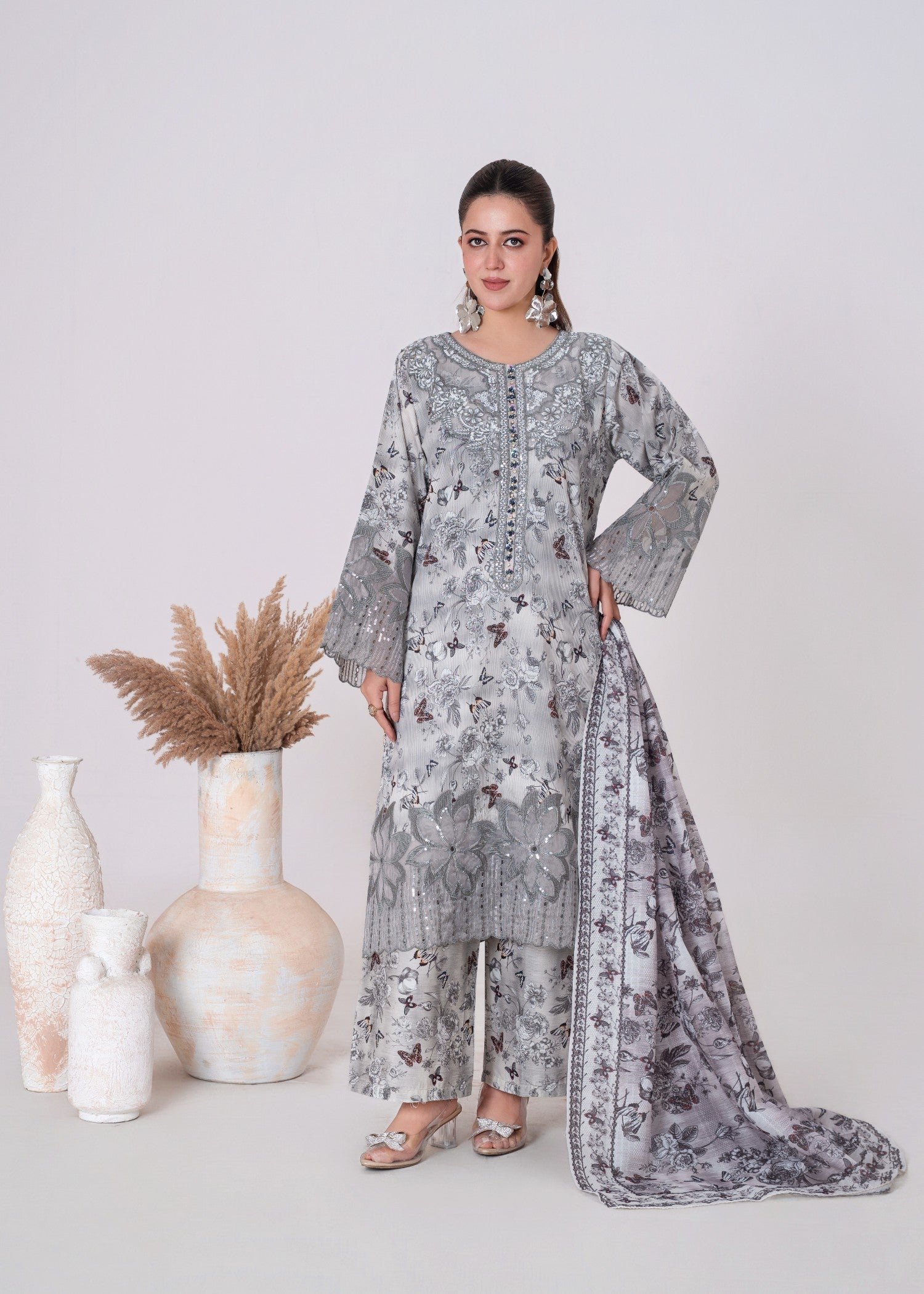 corduroy Kurta Set in White, grey
