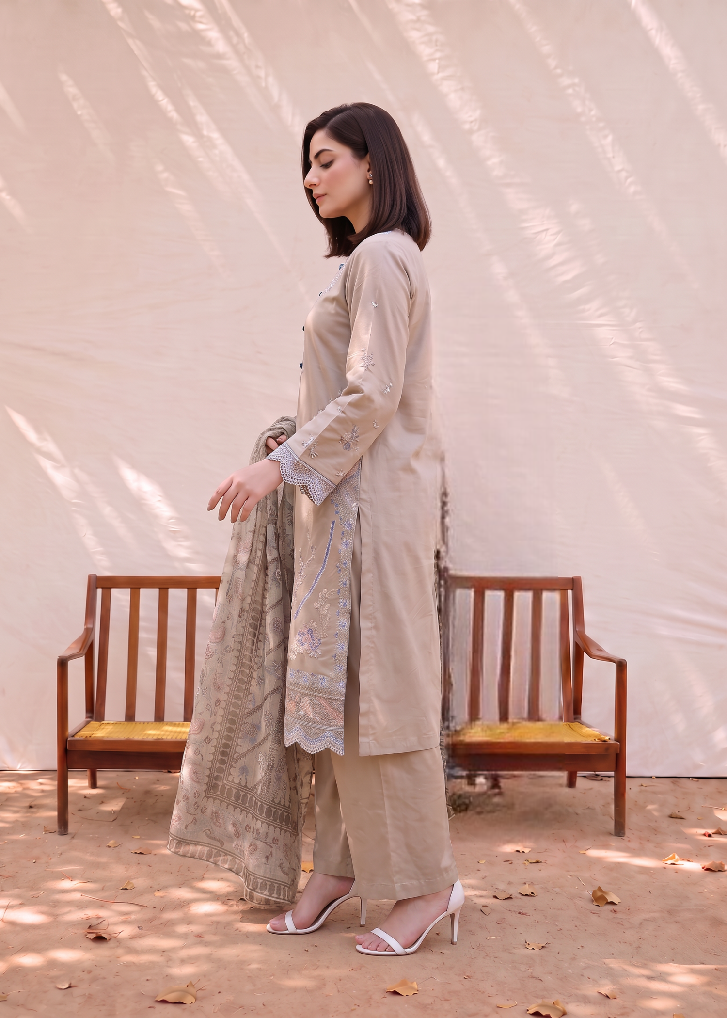 khaddi net Kurta Set in Beige