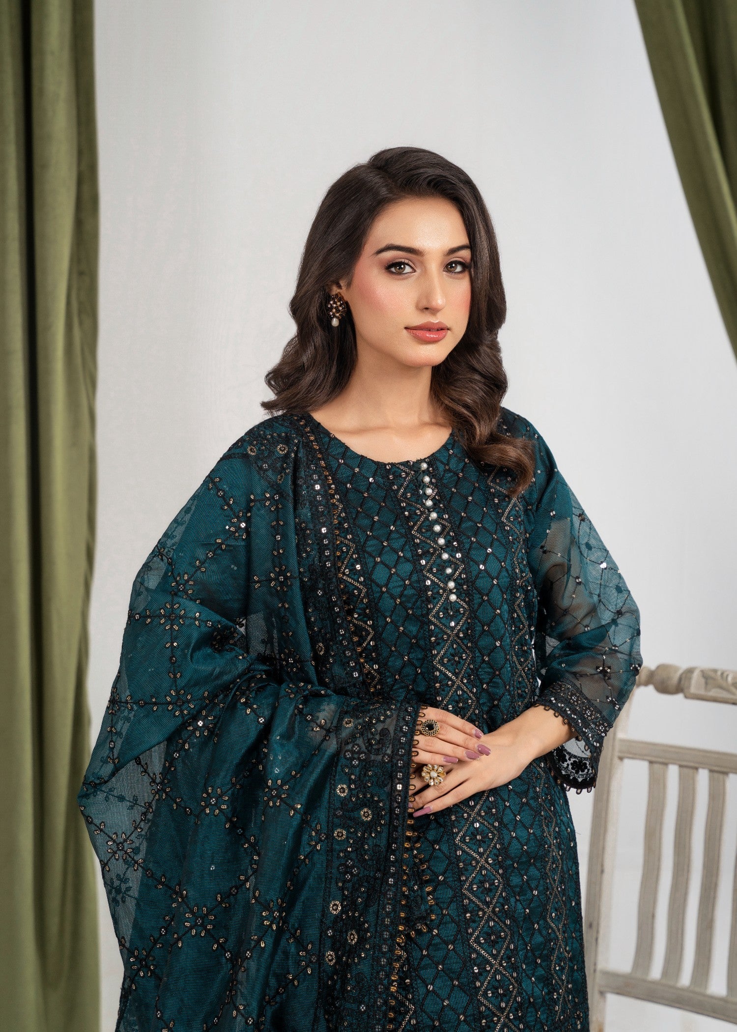 khaddi net Kurta Set in Bottle green