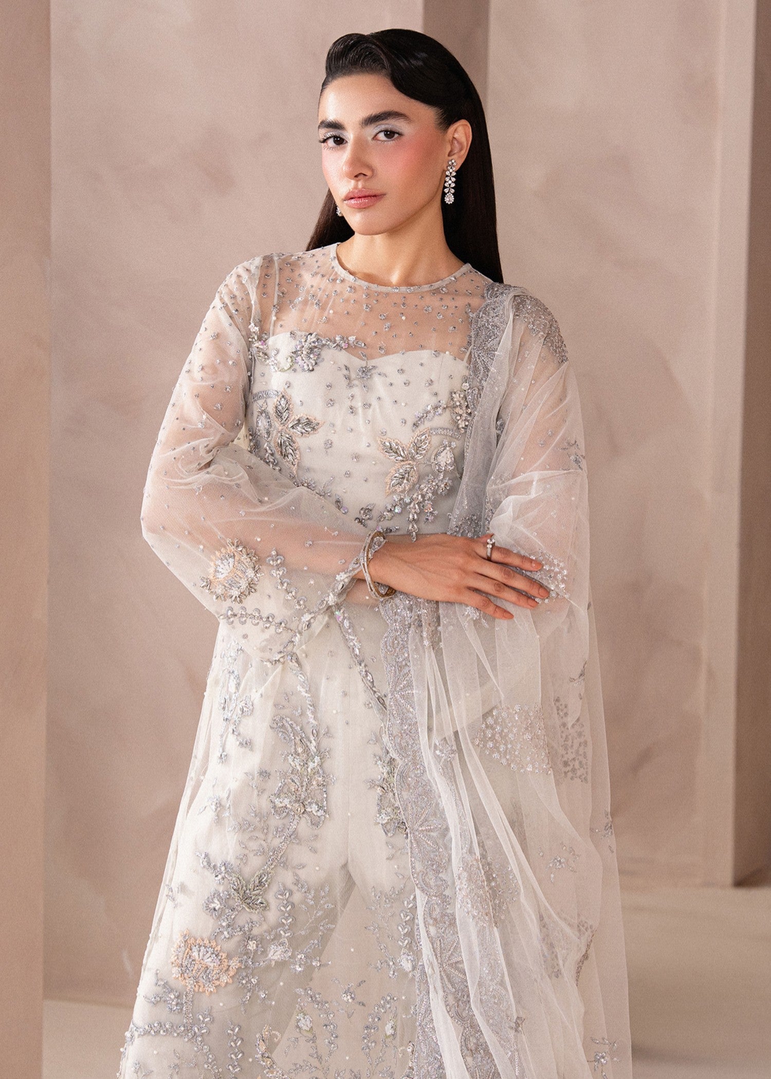 net Kurta Set in Ghost white