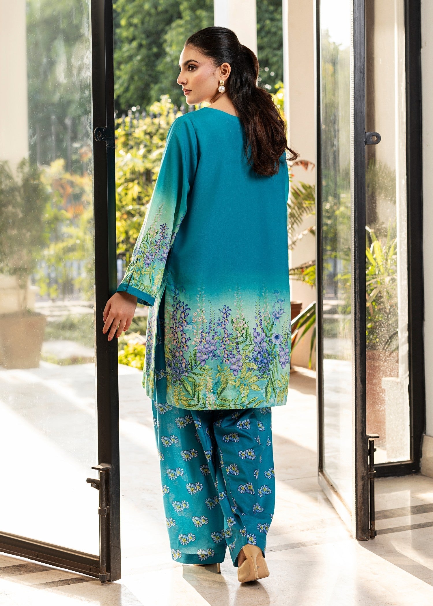 silk finish lawn Kurta Set in Steel blue
