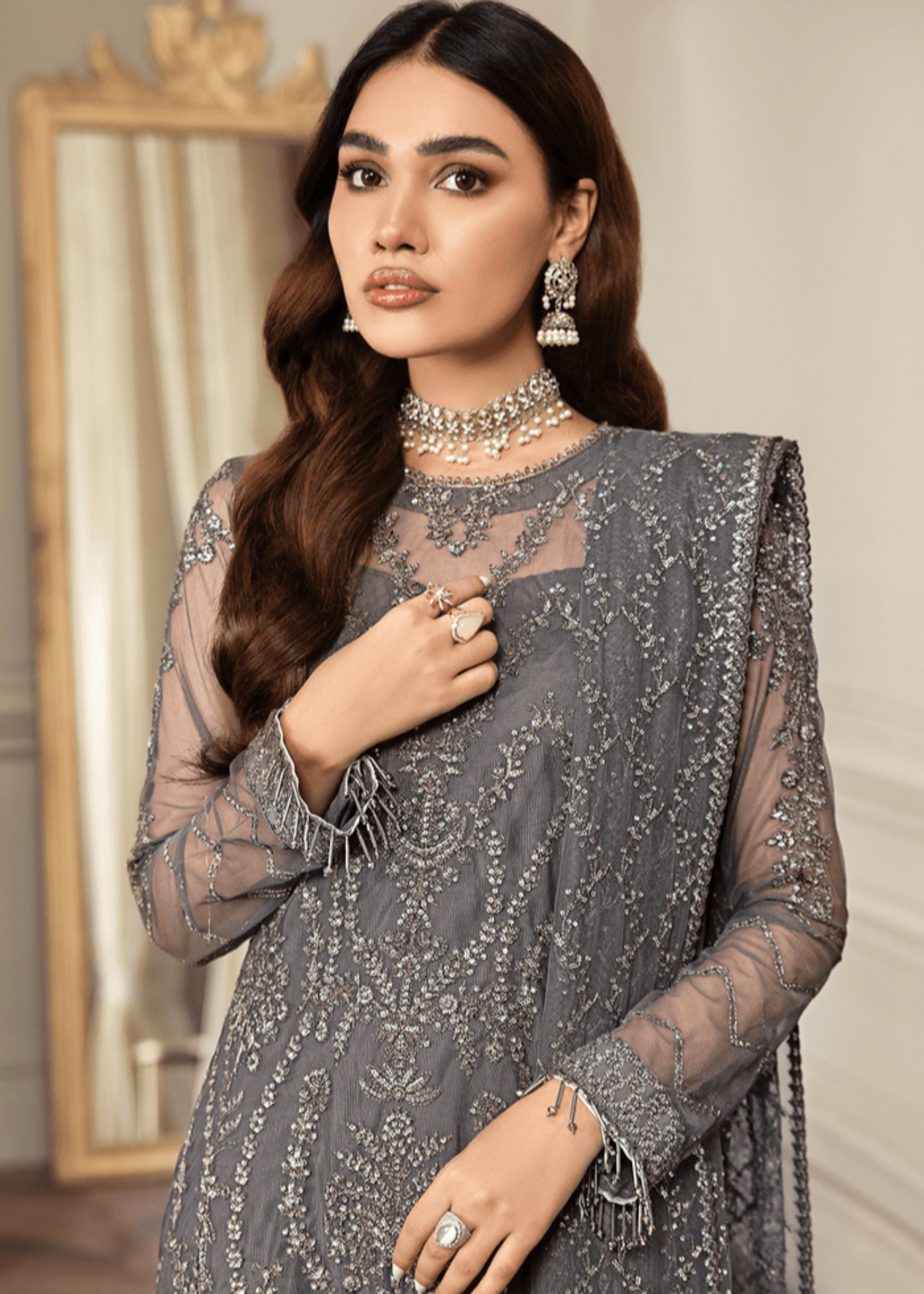 net Kurta Set in Zinc grey