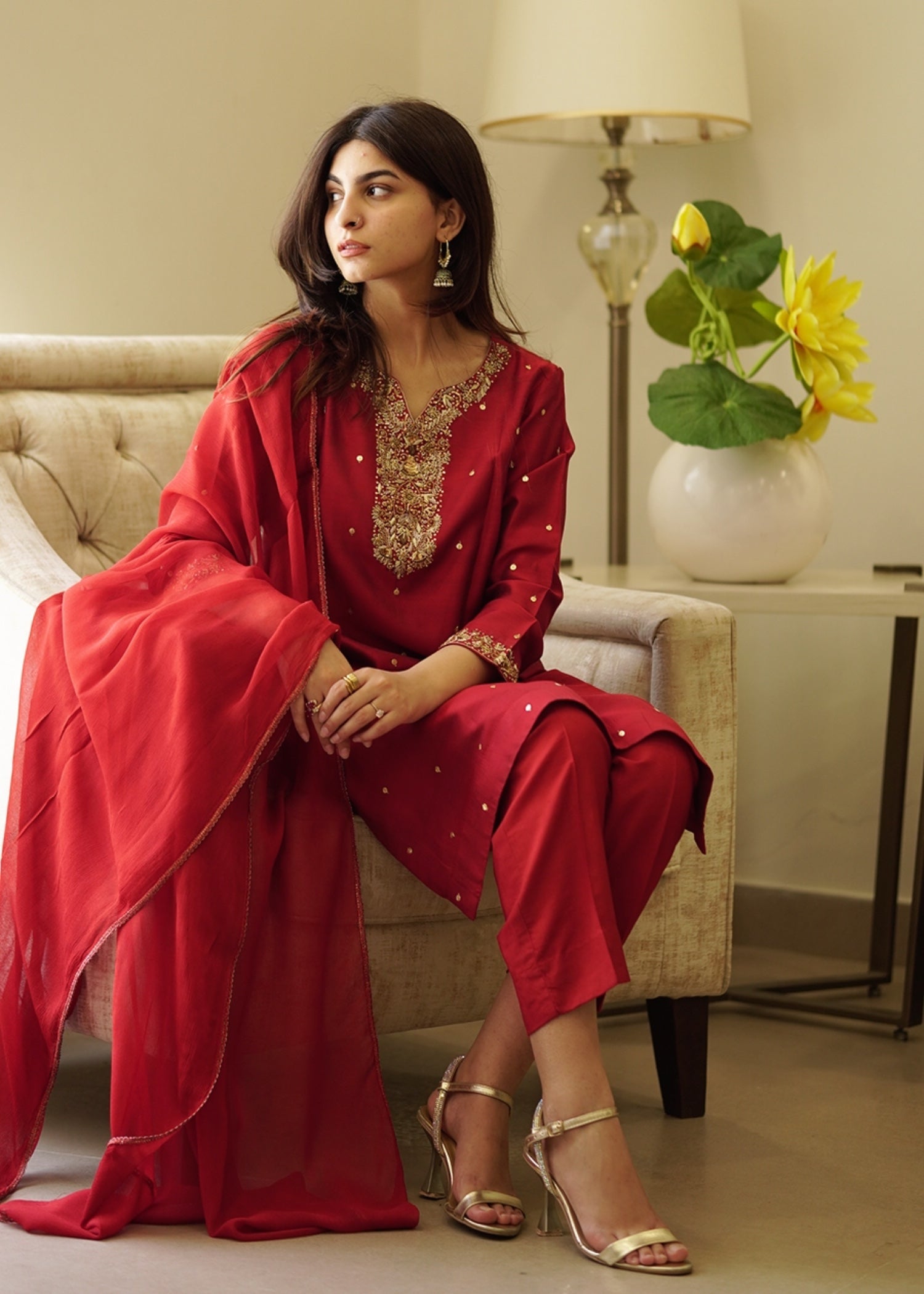 khaddi silk Kurta Set in Blood red