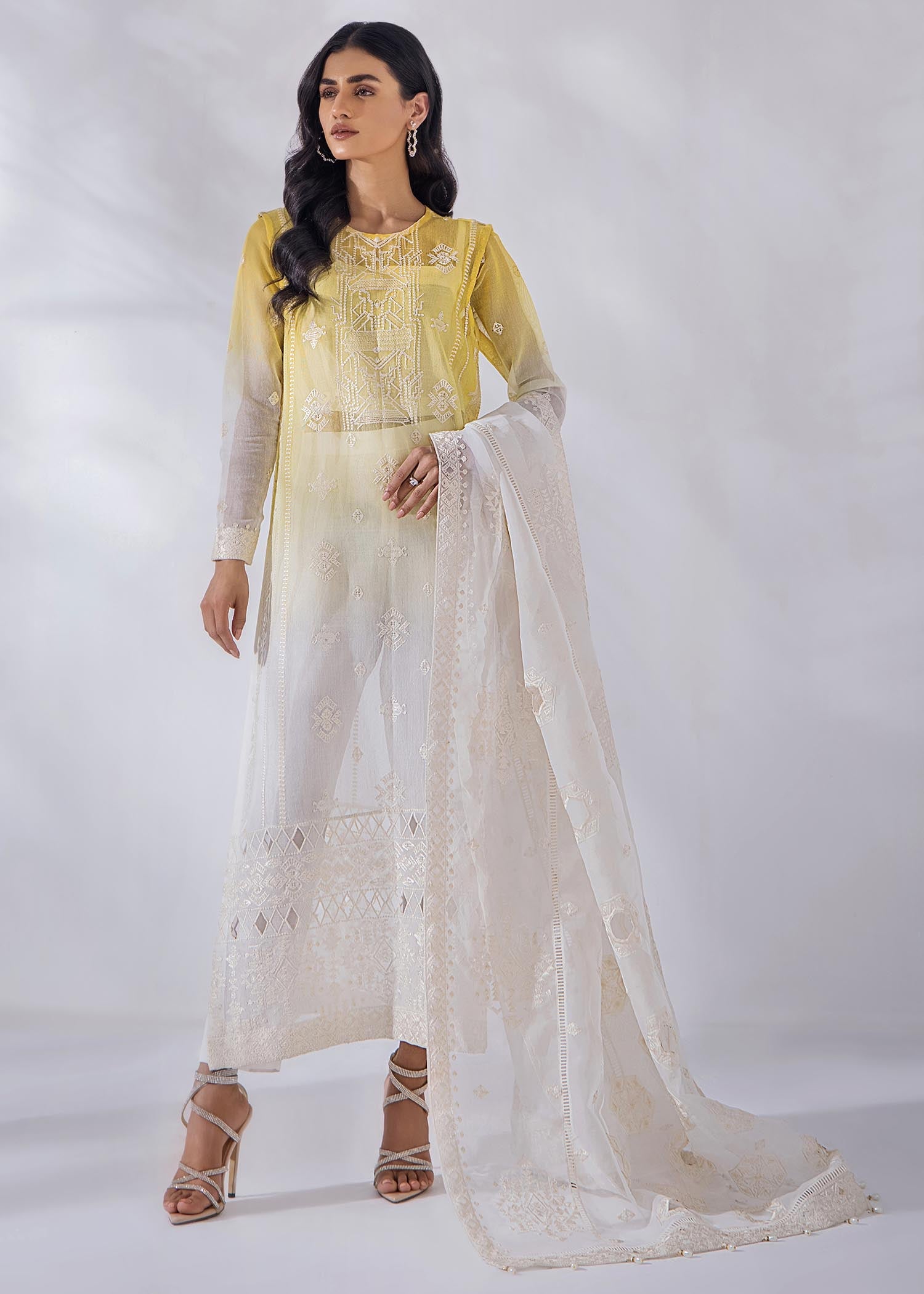 khaddi net Kurta Set in Yellow