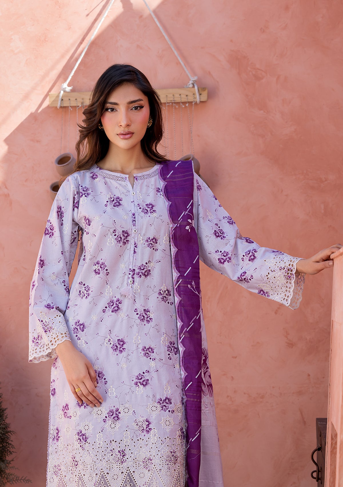 lawn Kurta Set in Purple taupe