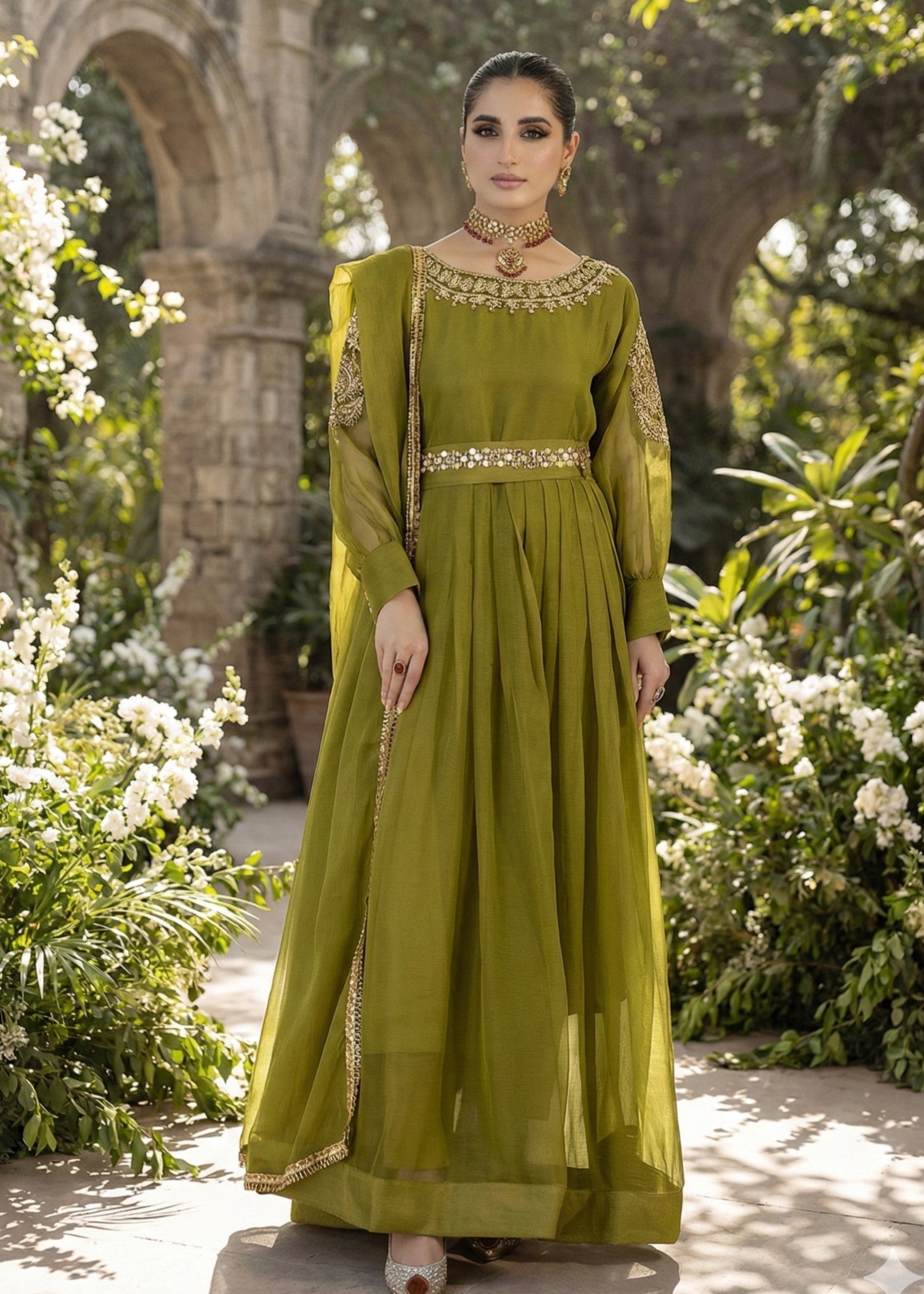 polyester chiffon Maxi in Olive green