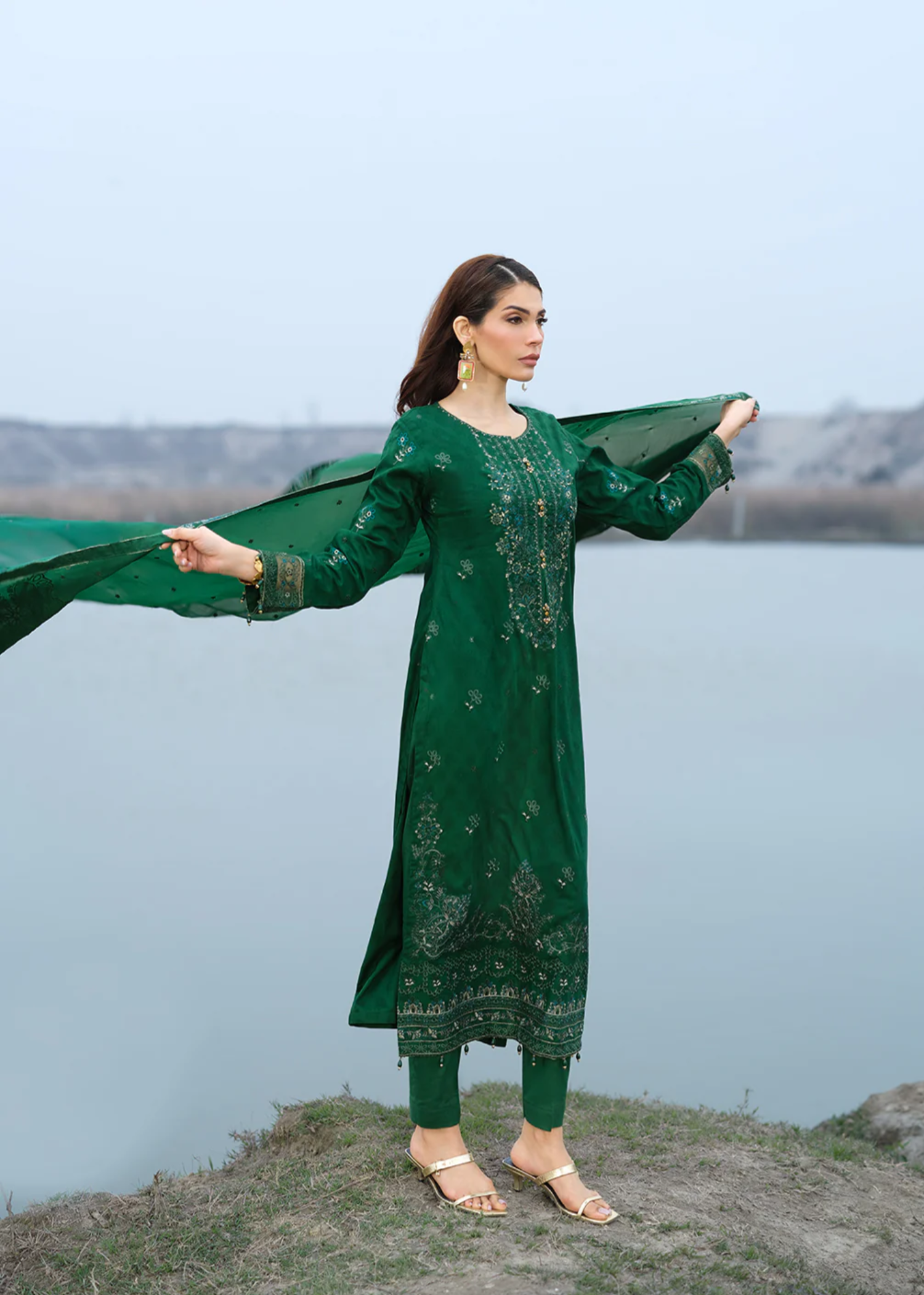 jacquard Kurta Set in Green