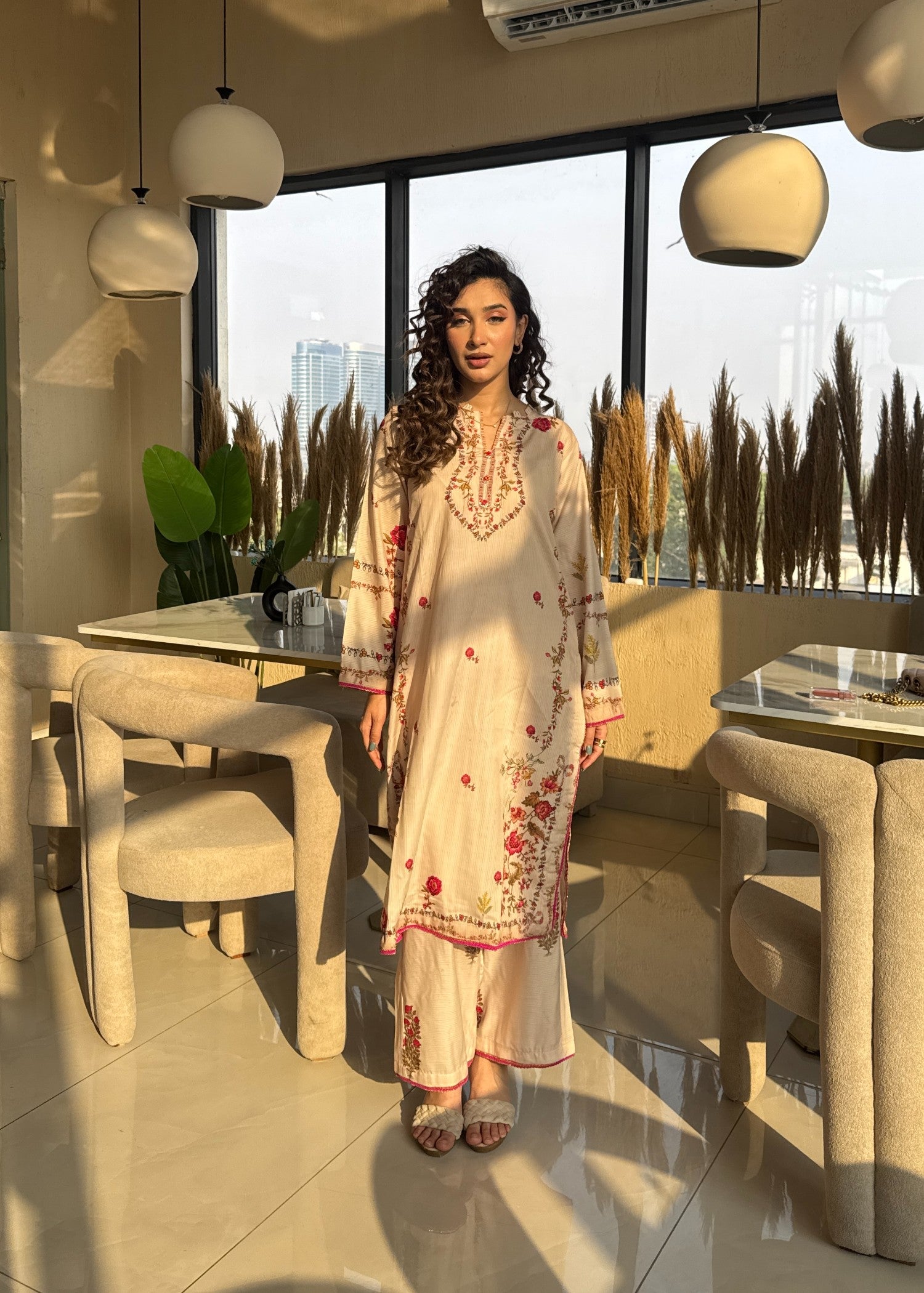 dobby Kurta Set in Beige
