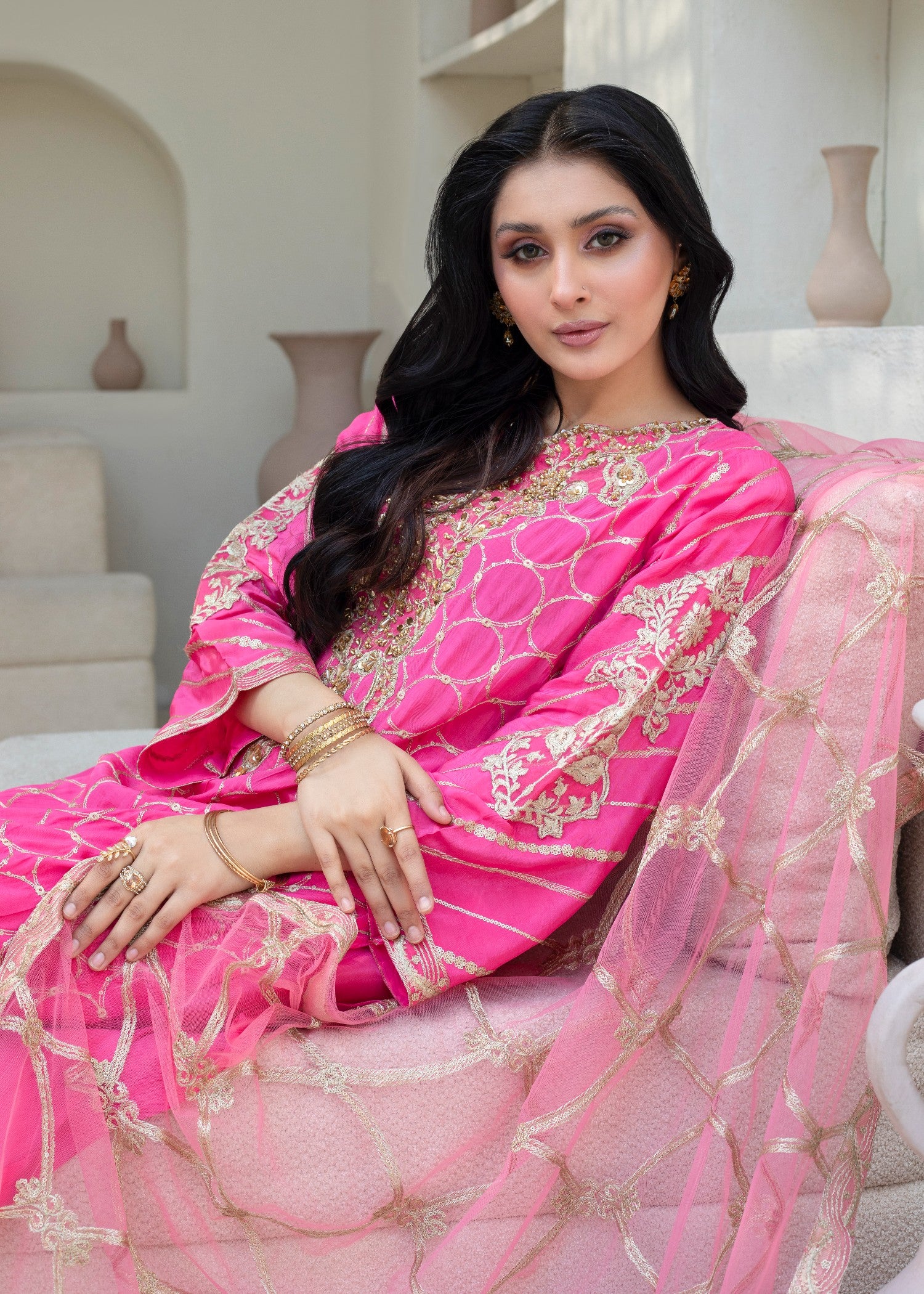 pure silk Kurta Set in Hot pink