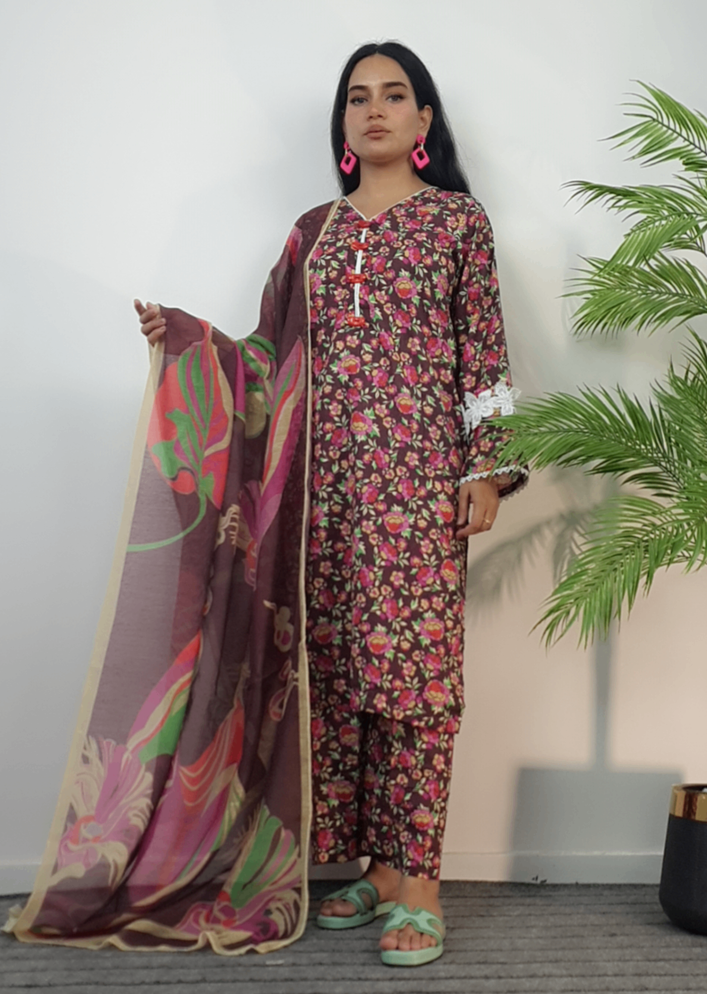 lawn Kurta Set in Burnt umber