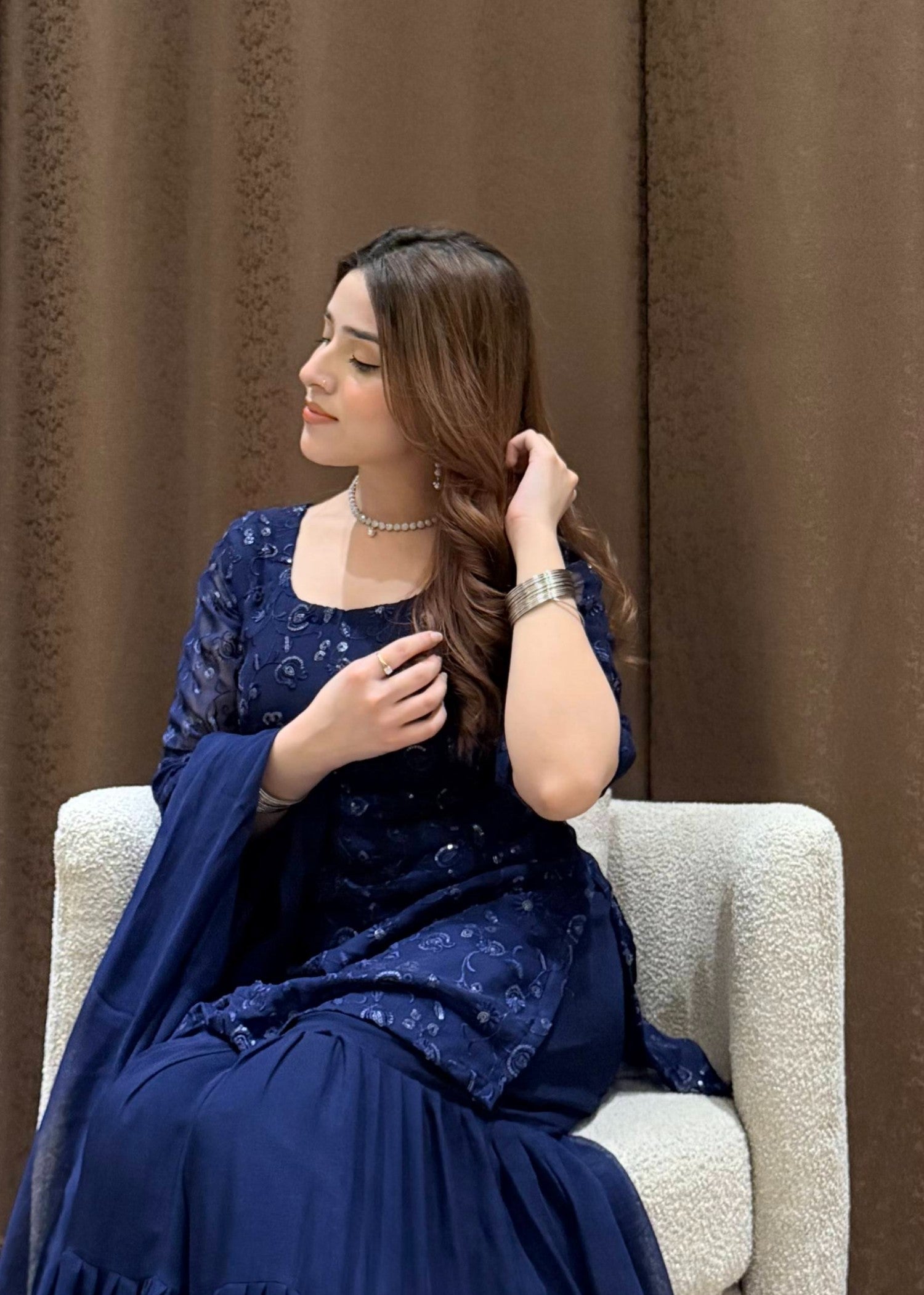 bemberg crinkle chiffon Gharara in Navy blue