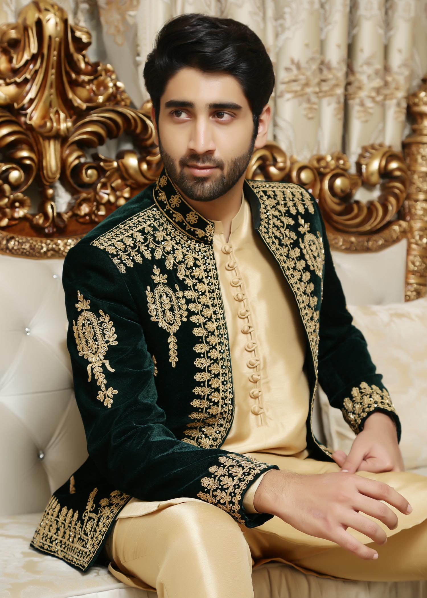 cotton silk Prince Coat in Bottle green