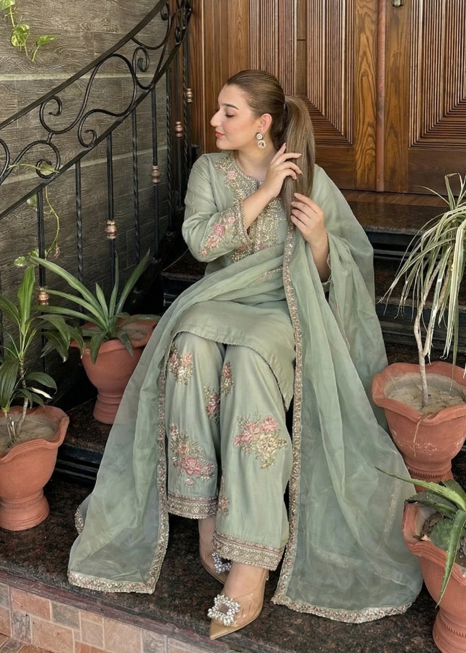 silk Kurta Set in Pastel green