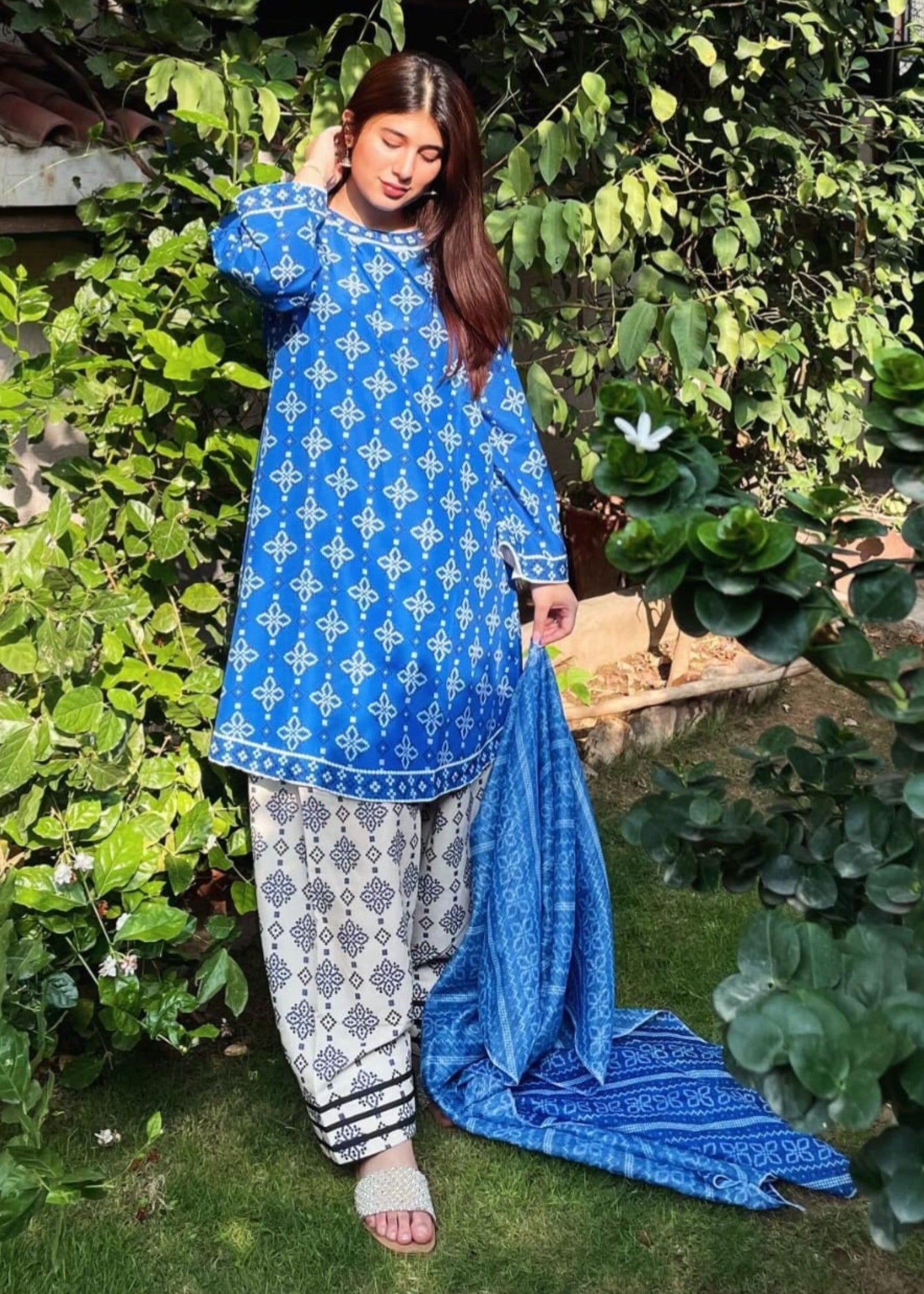 poly lawn Short Frock in Blue