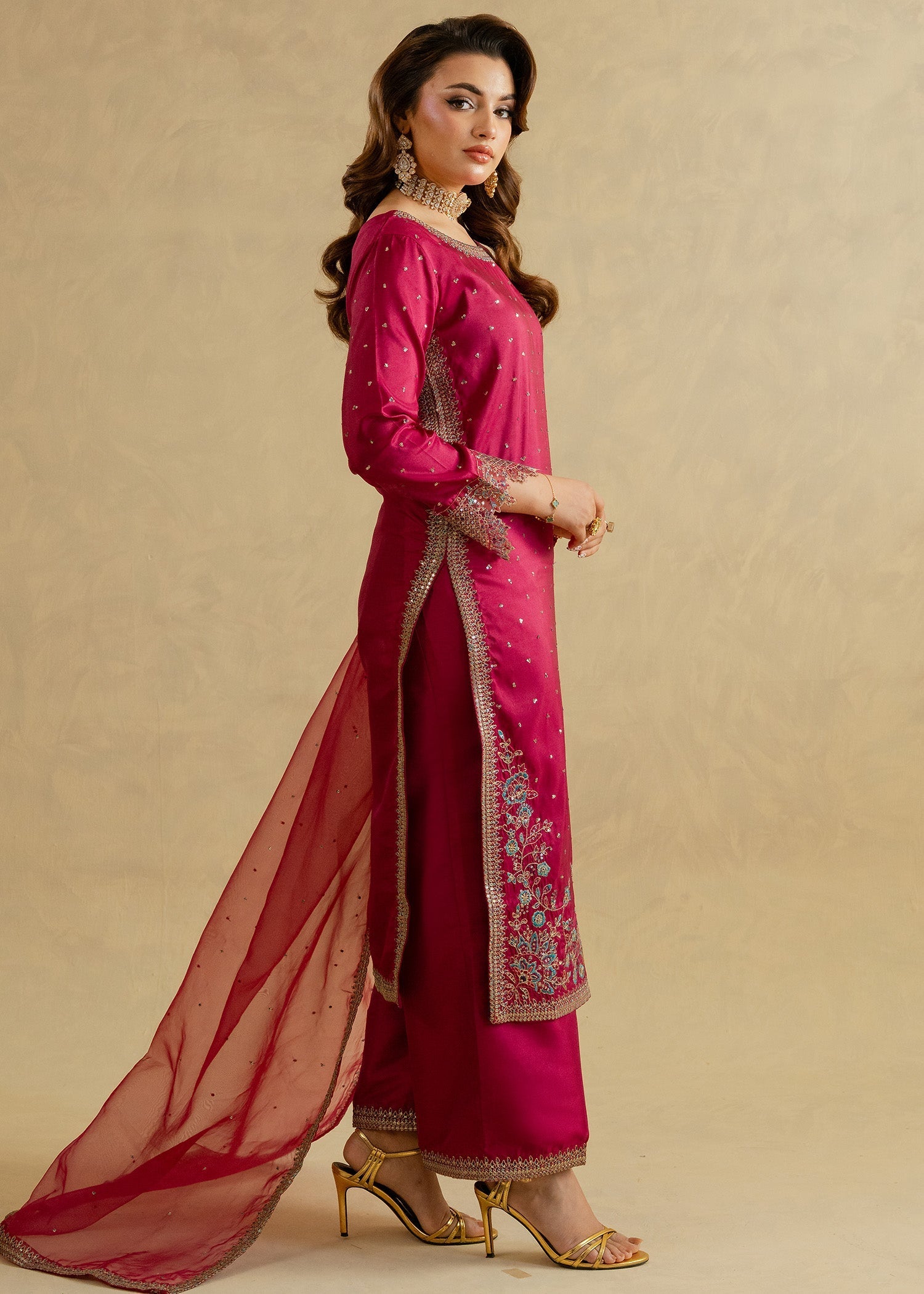 silk Kurta Set in Magenta