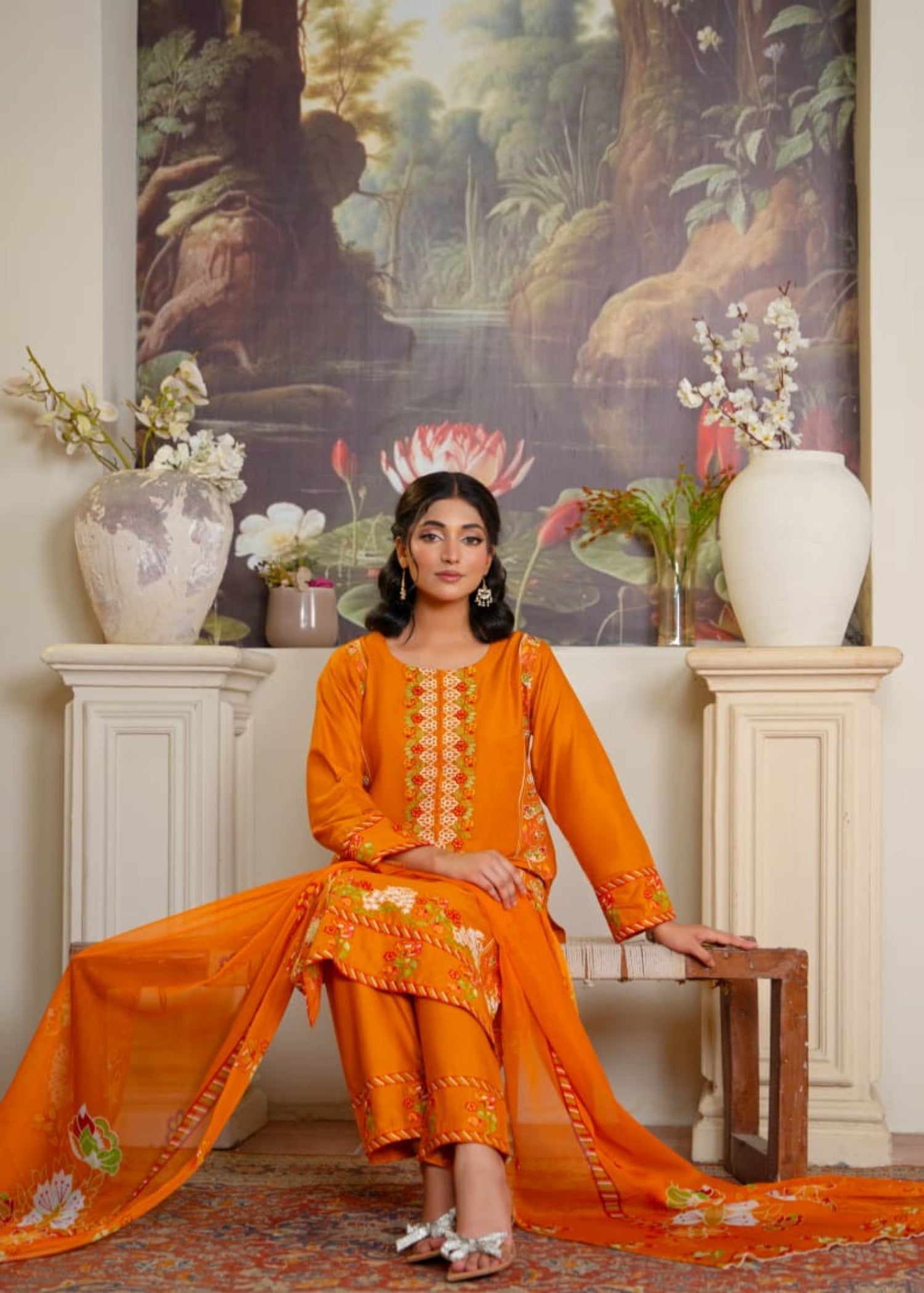lawn cotton Kurta Set in Tiger orange