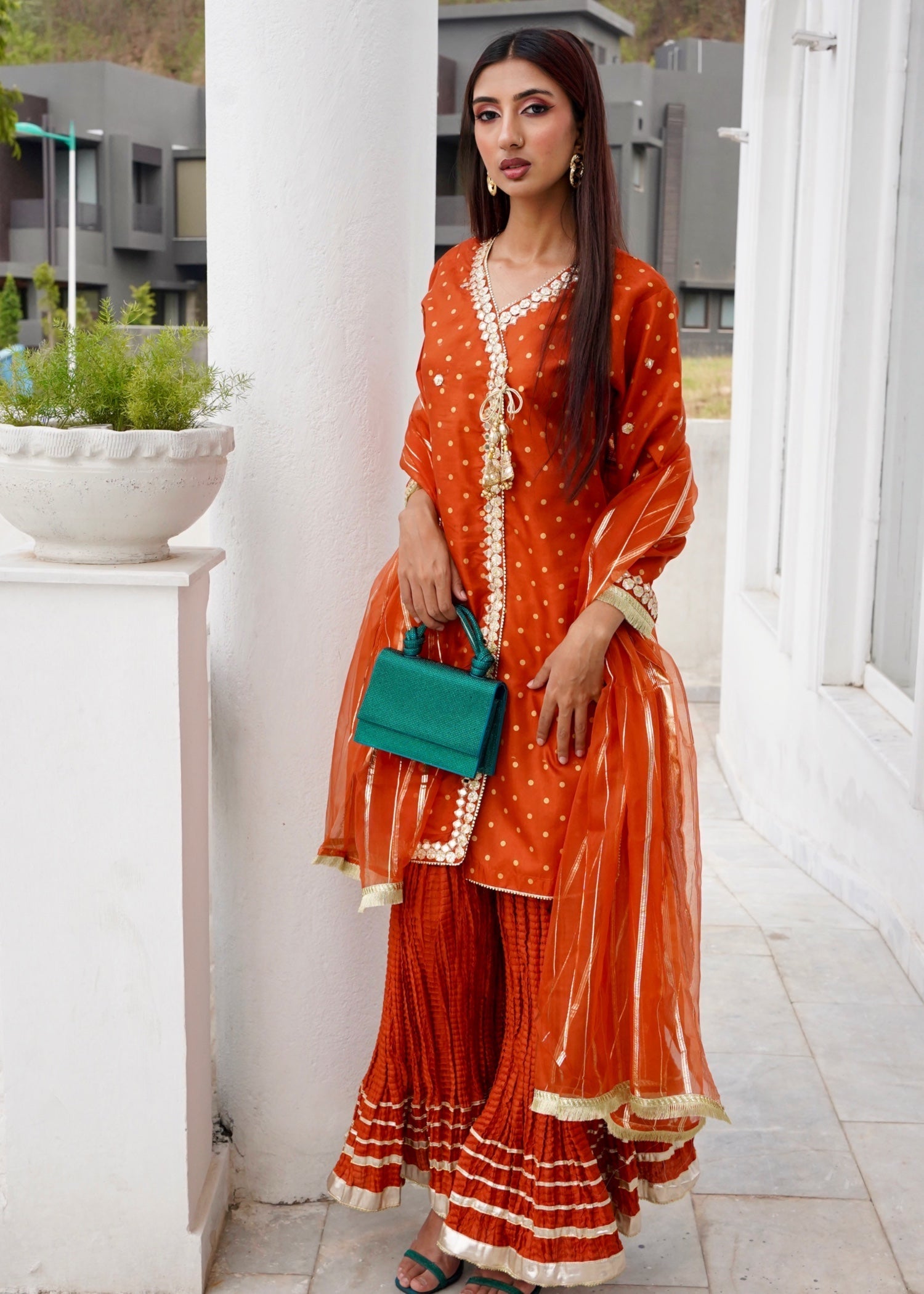 kattan silk Angrakha in Rust orange
