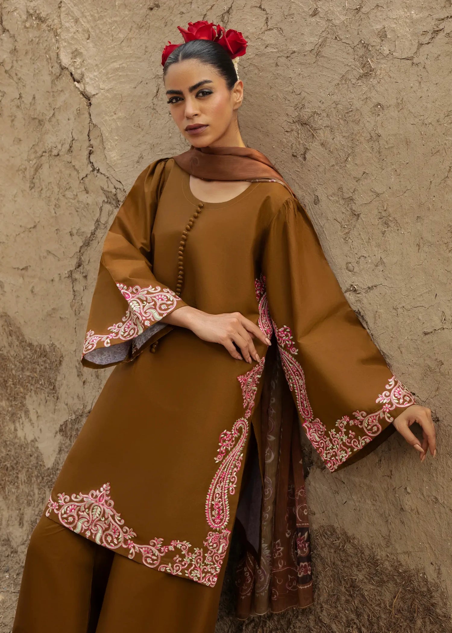 lawn cotton Kurta Set in Mocha brown