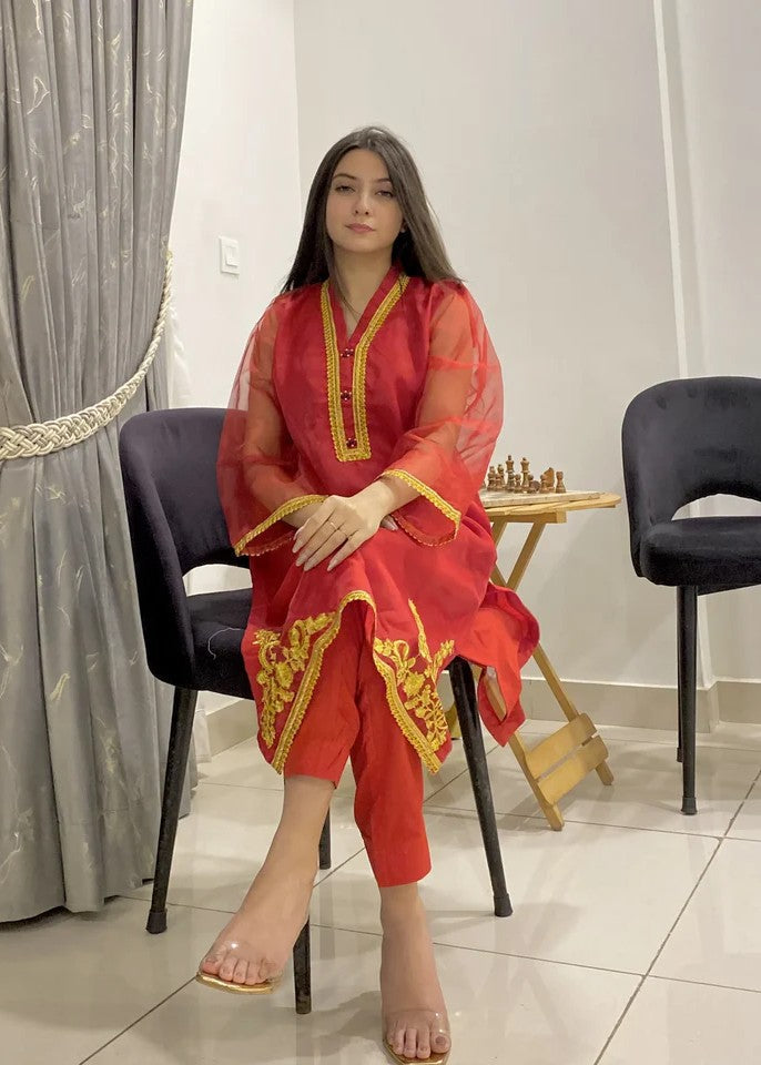 cotton net Kurta Set in Red
