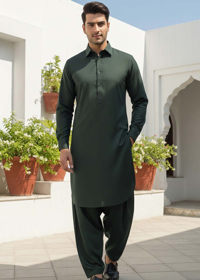 wash & wear Shalwar Kameez in Green, dark green