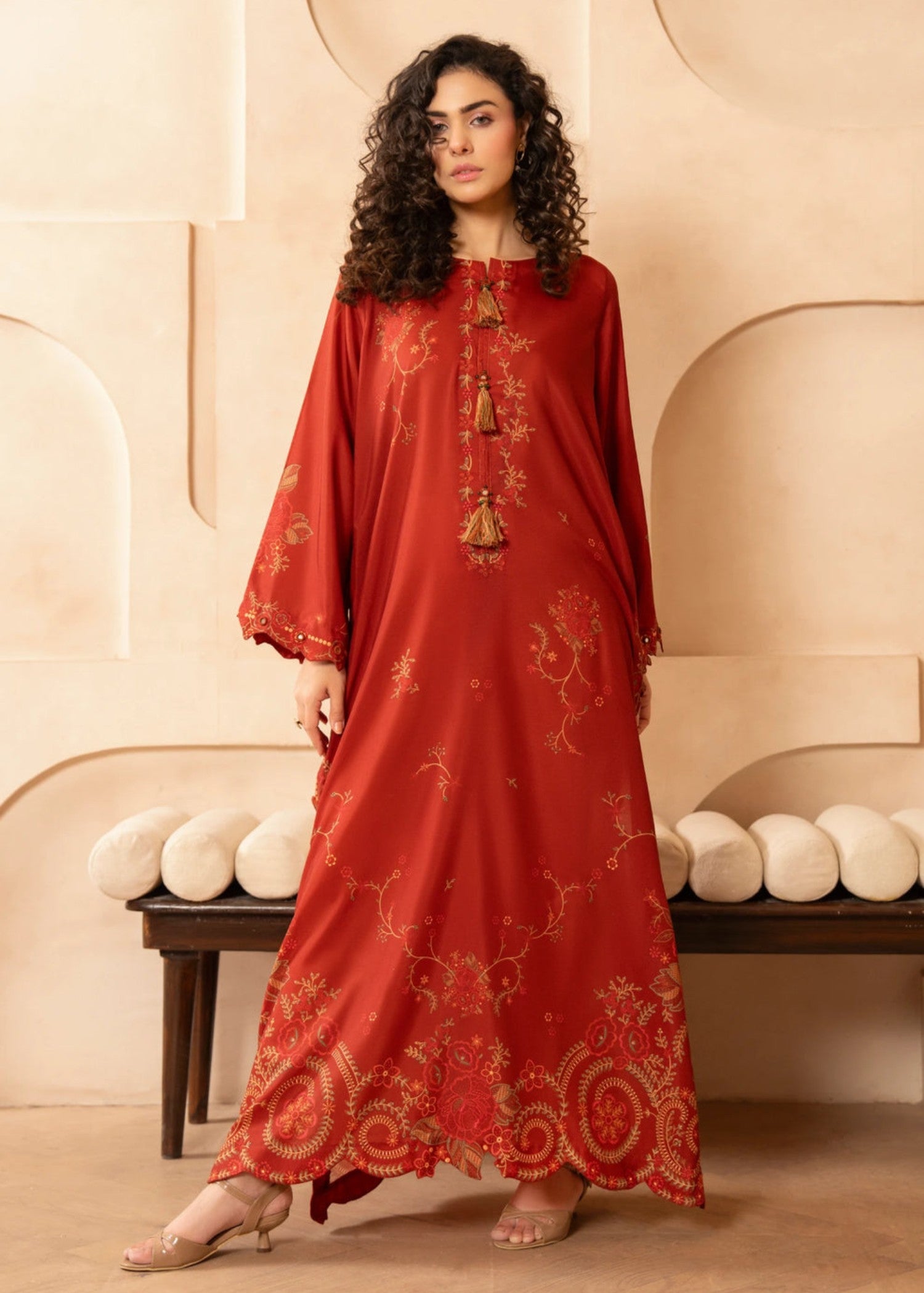poly lawn Kaftan in Burnt red