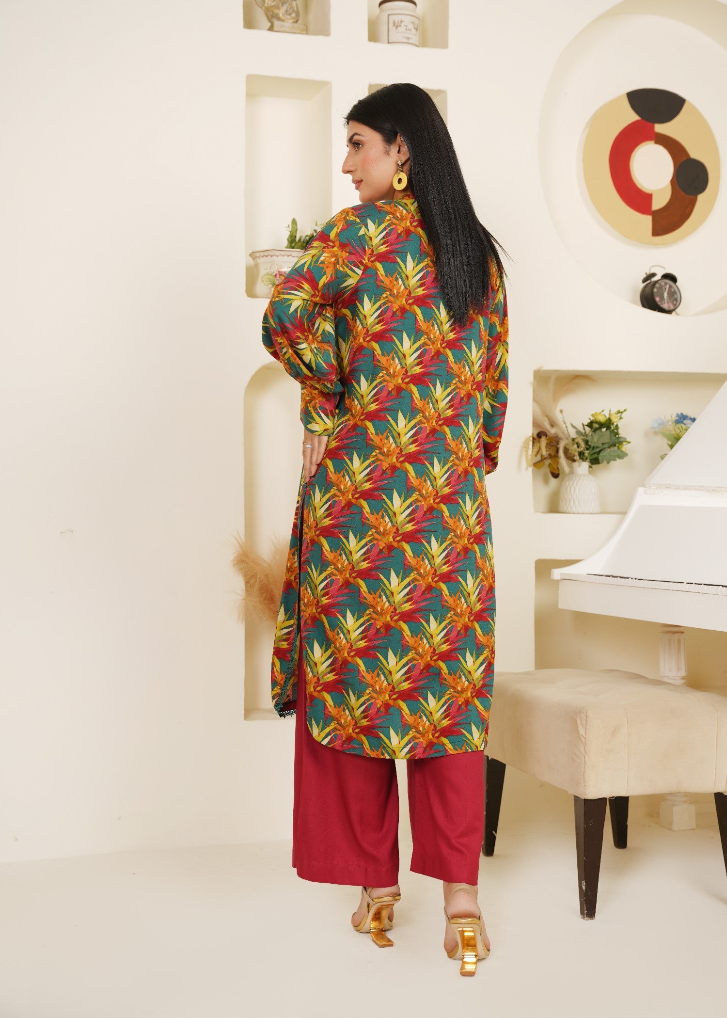 linen Kurta Set in Sea green, multi, amaranth