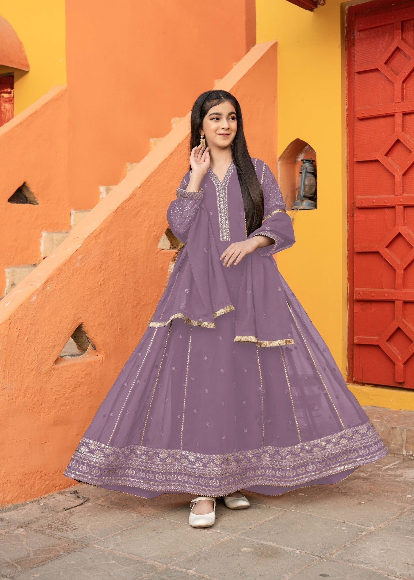 chiffon Pishwas in Lilac