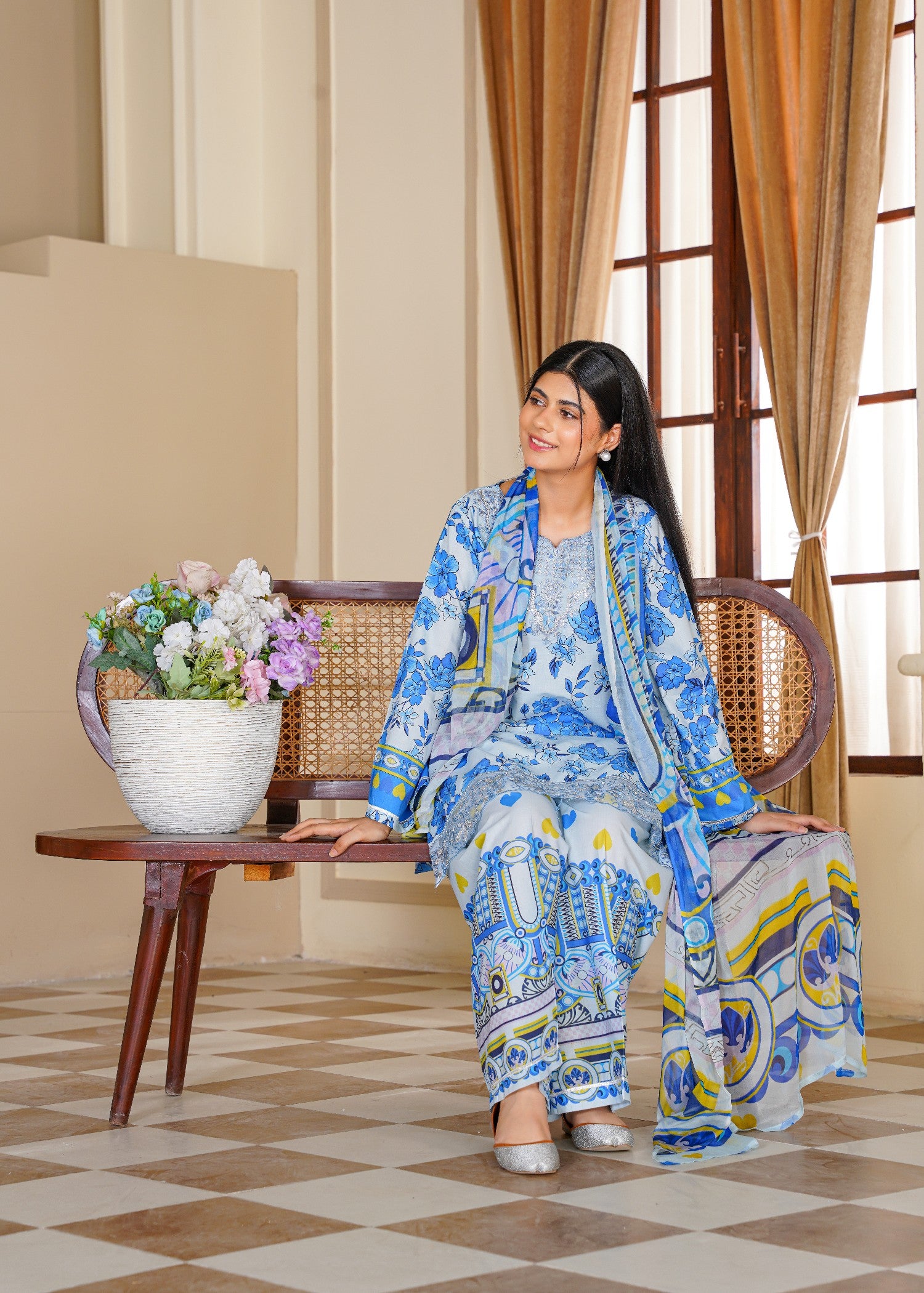 lawn Kurta Set in Cobalt blue, baby blue