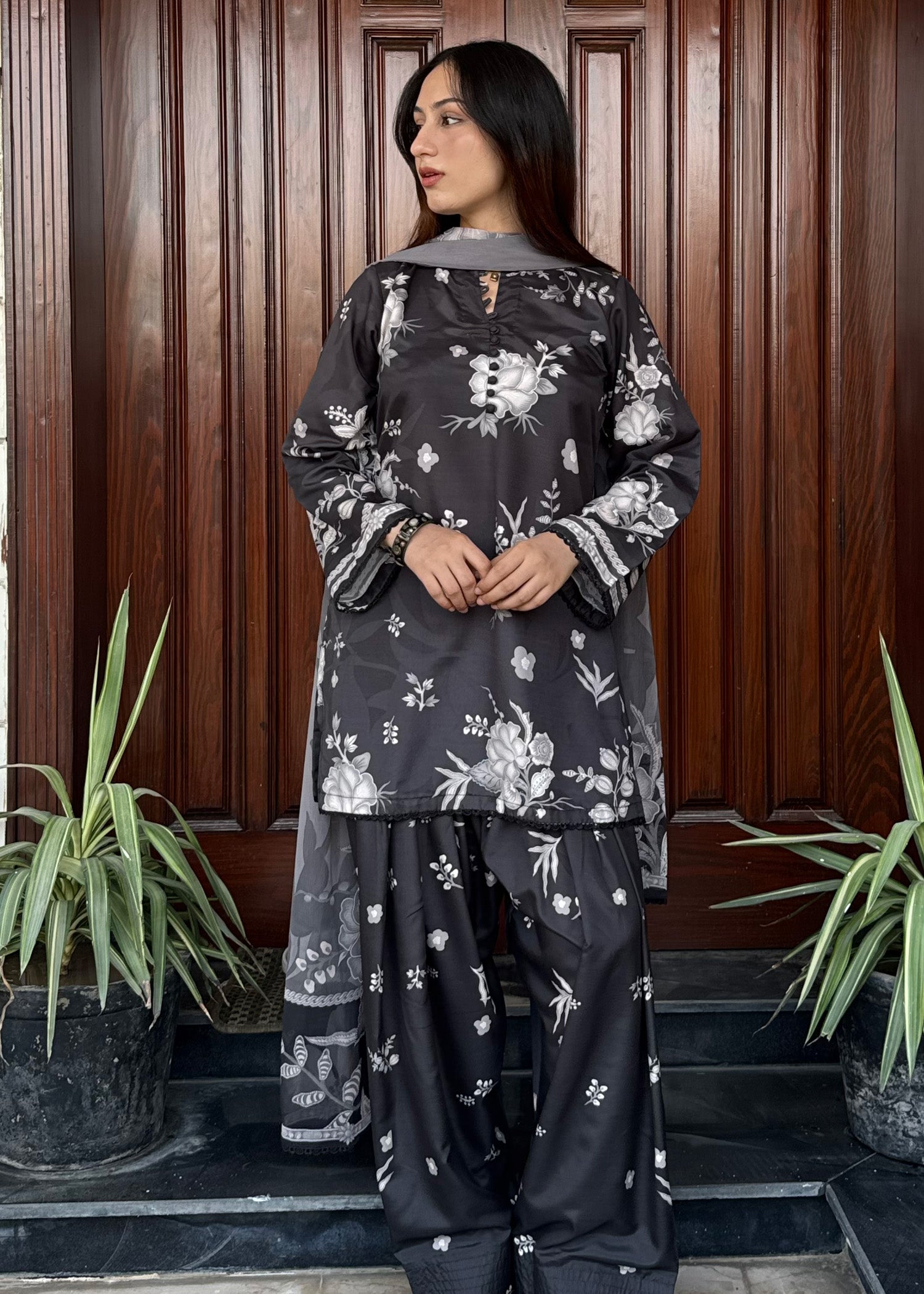 silk finish lawn Kurta Set in Black