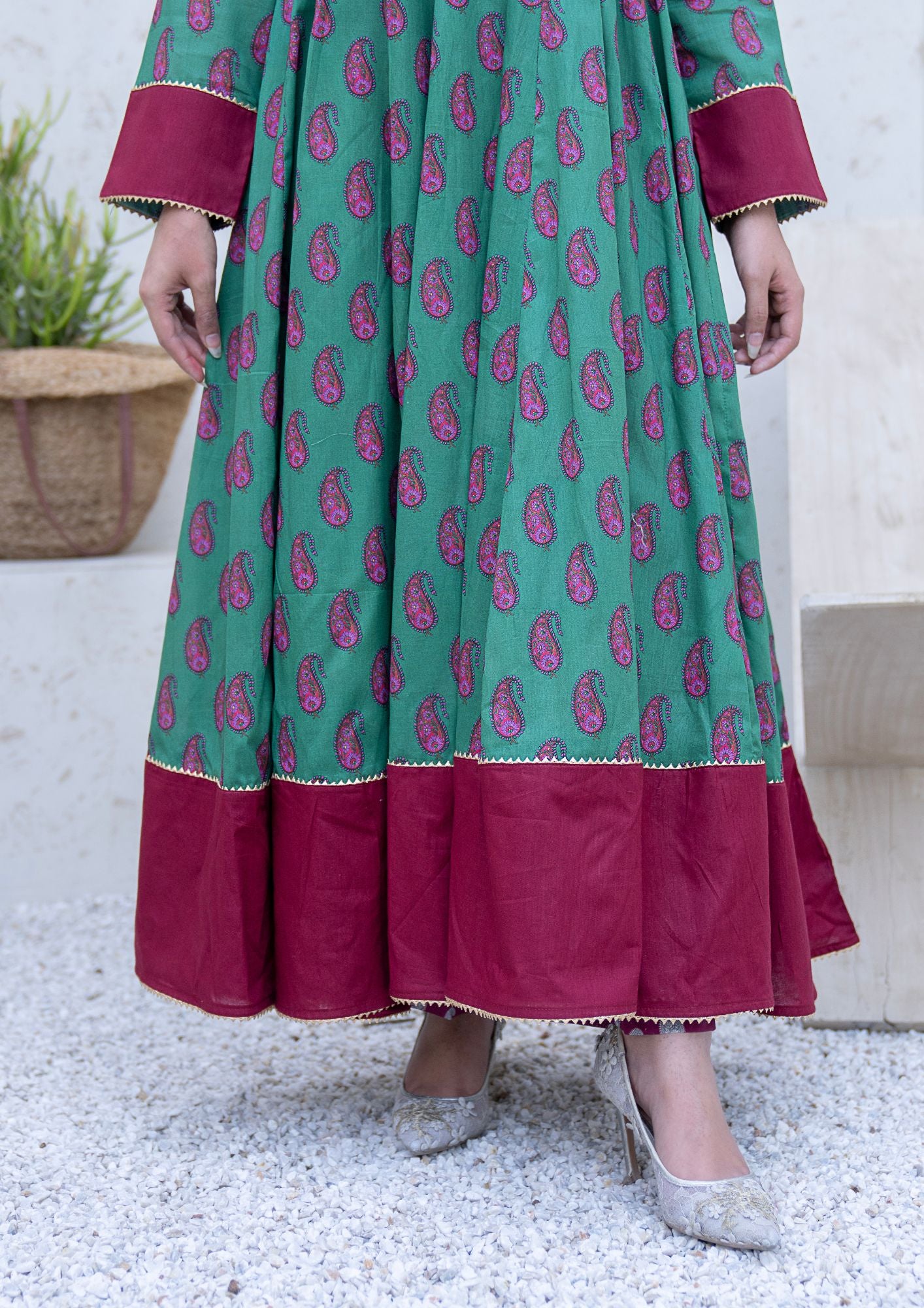 lawn Pishwas in Maroon, sea green