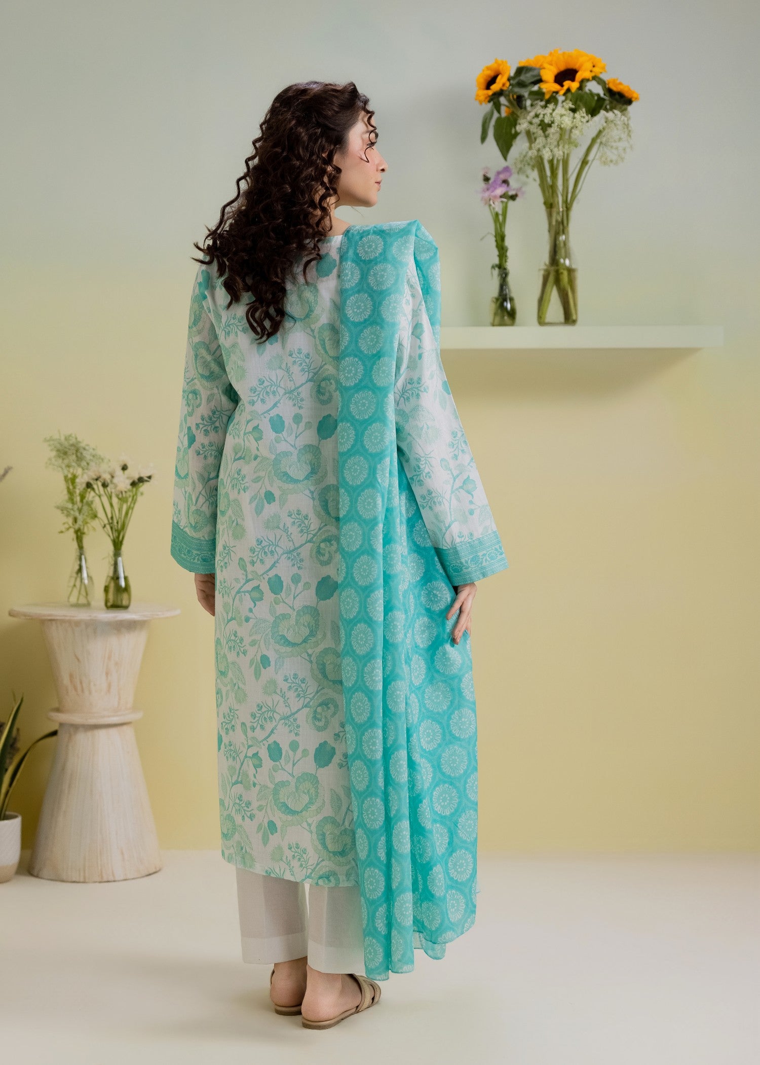 slub lawn Kurta Set in Sky blue, white