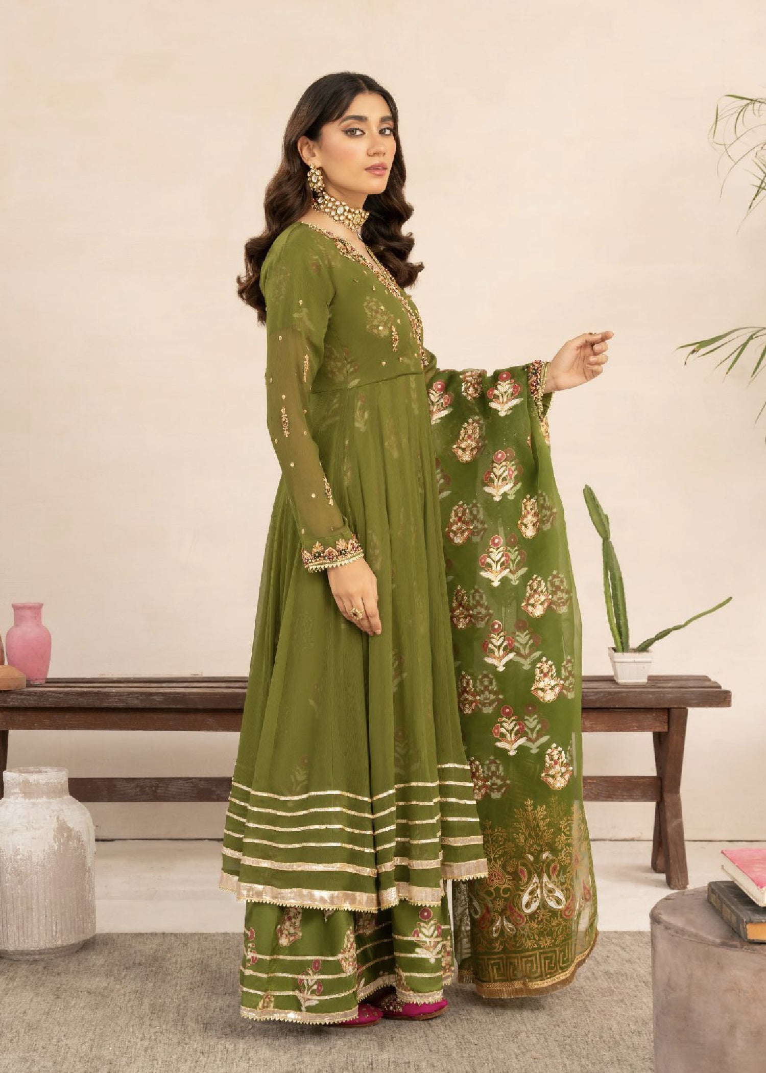 chiffon Angrakha in Olive green