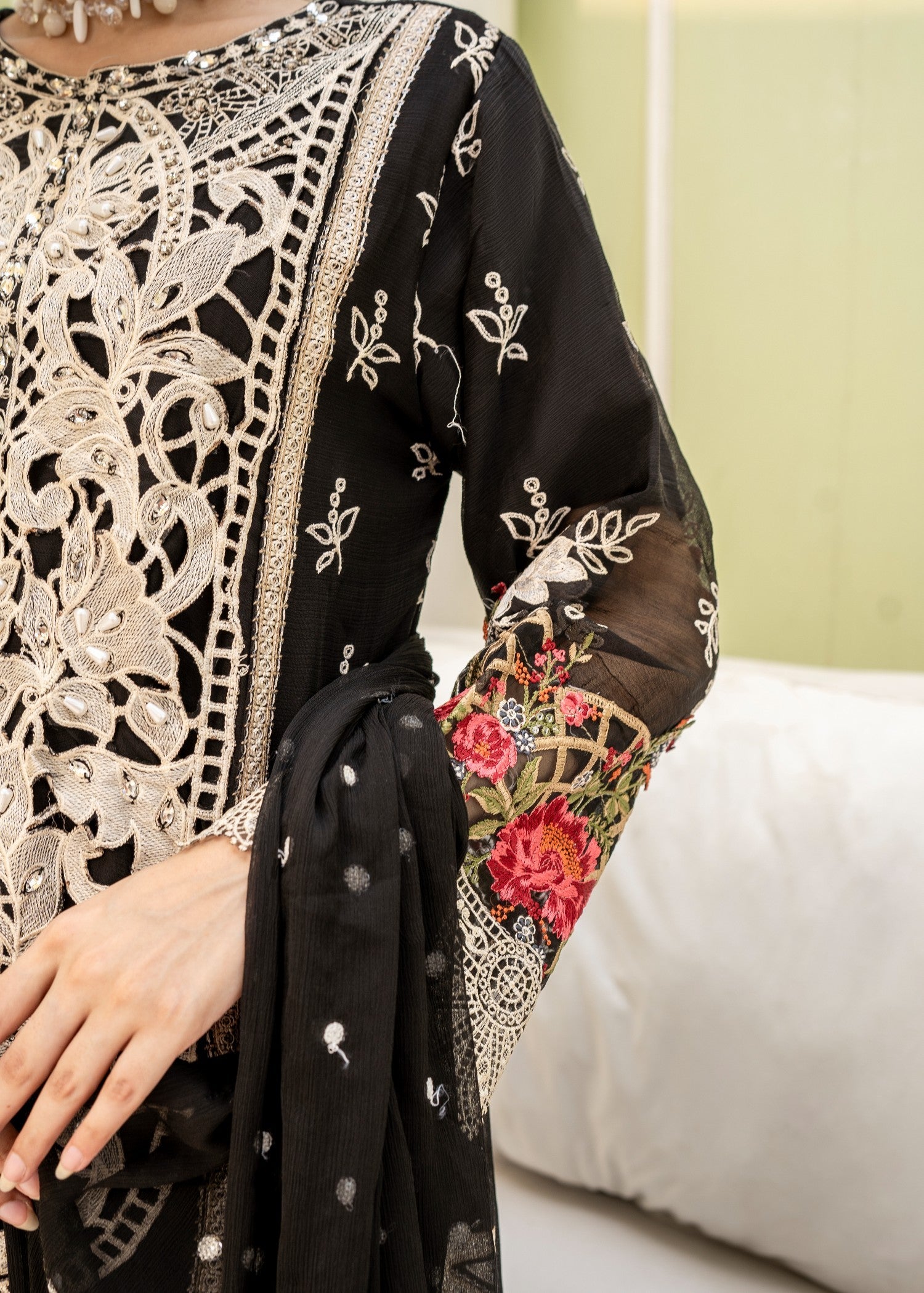 crinkle chiffon Kurta Set in Black