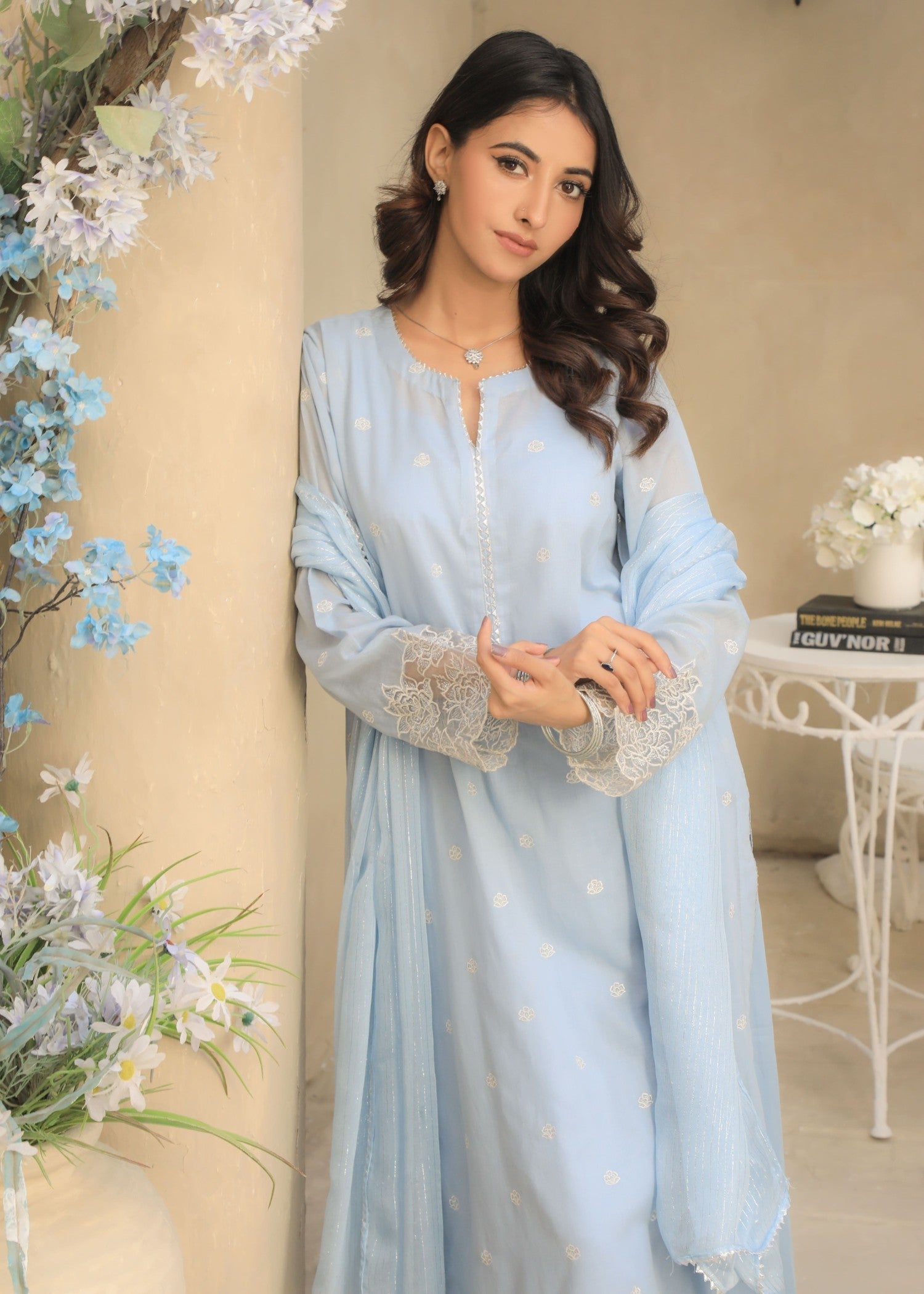 voile Kurta Set in Sky blue