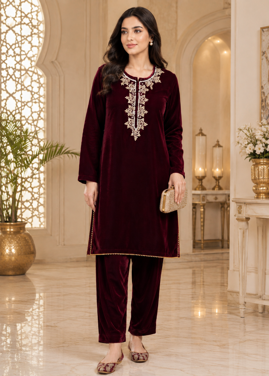 chinese micro velvet 9000 Kurta Set in Maroon