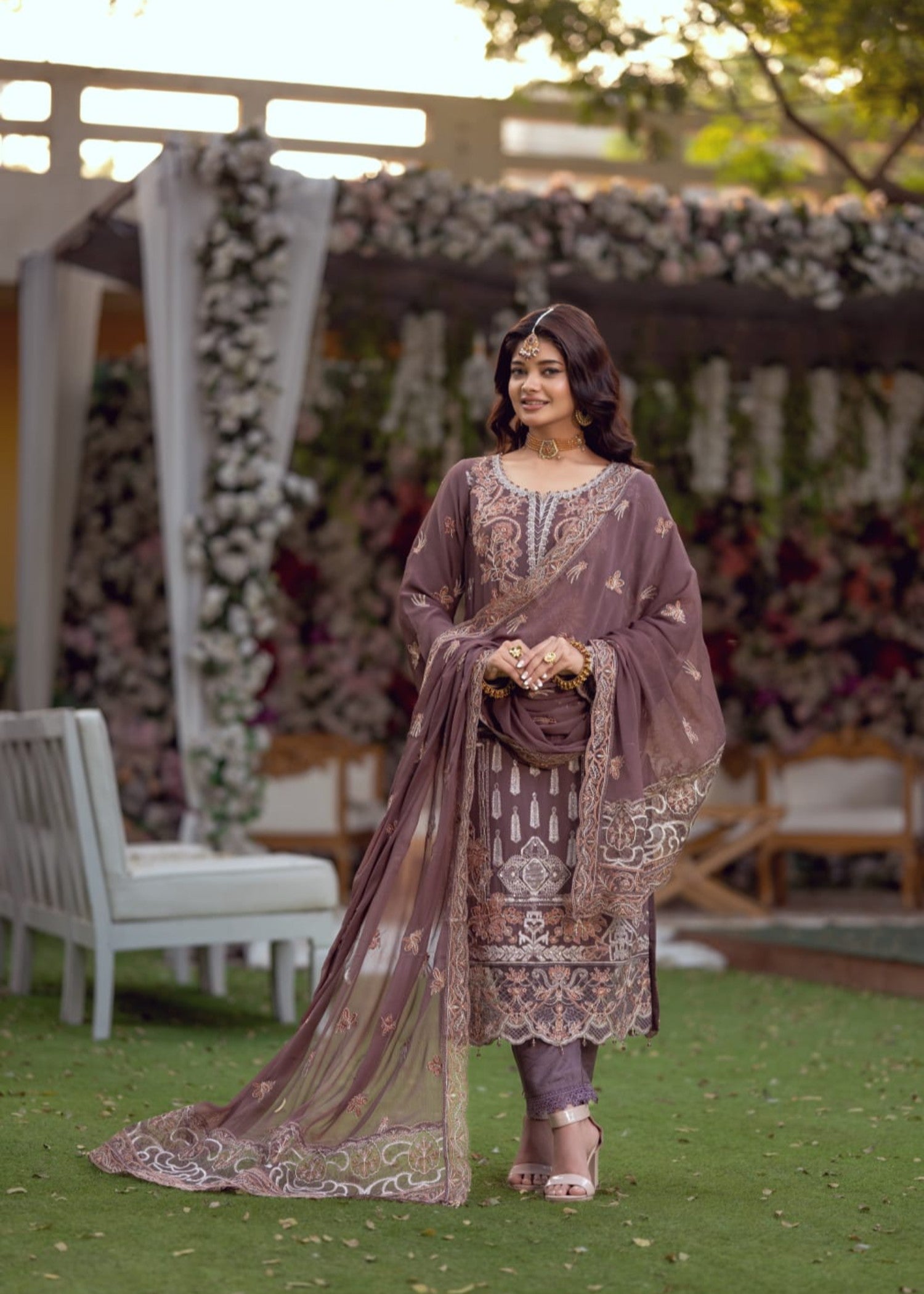 chiffon Kurta Set in Purple taupe