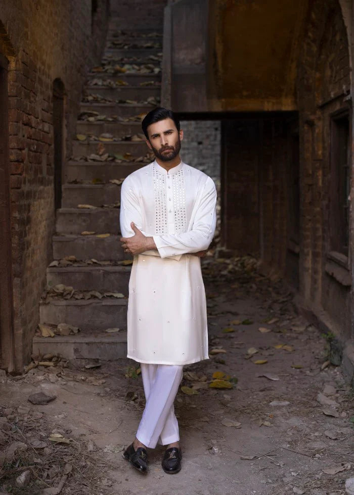 cotton silk Kurta Set in White