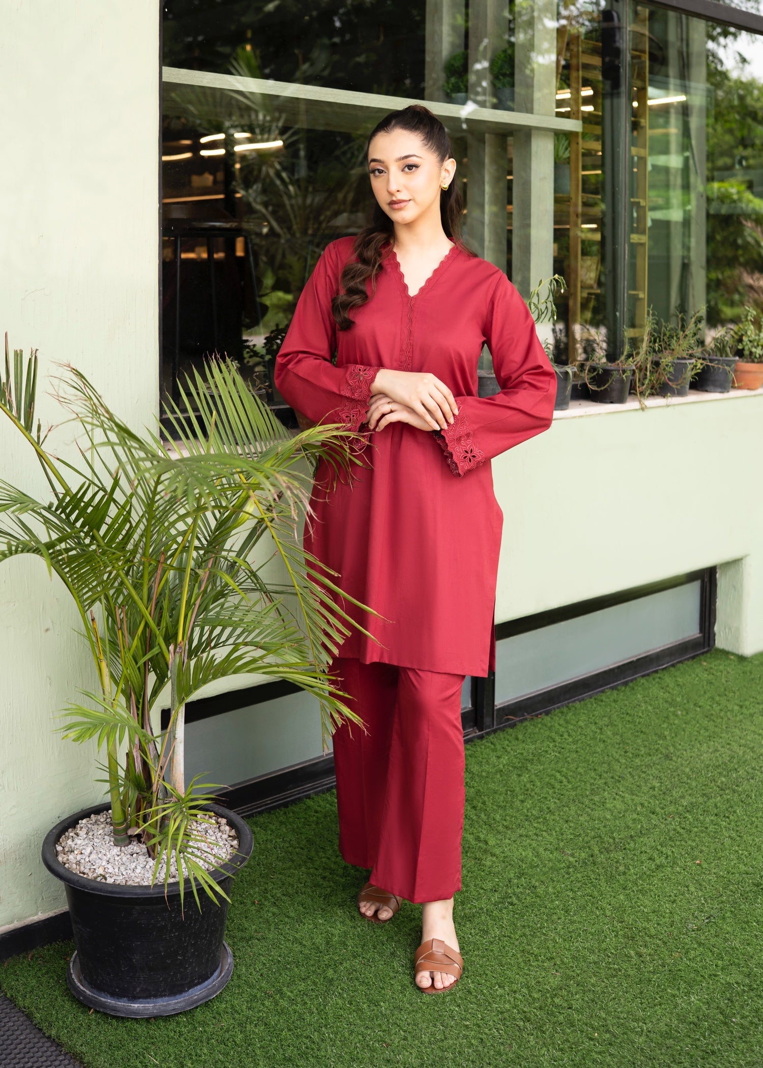 lawn cotton Kurta Set in Carmine