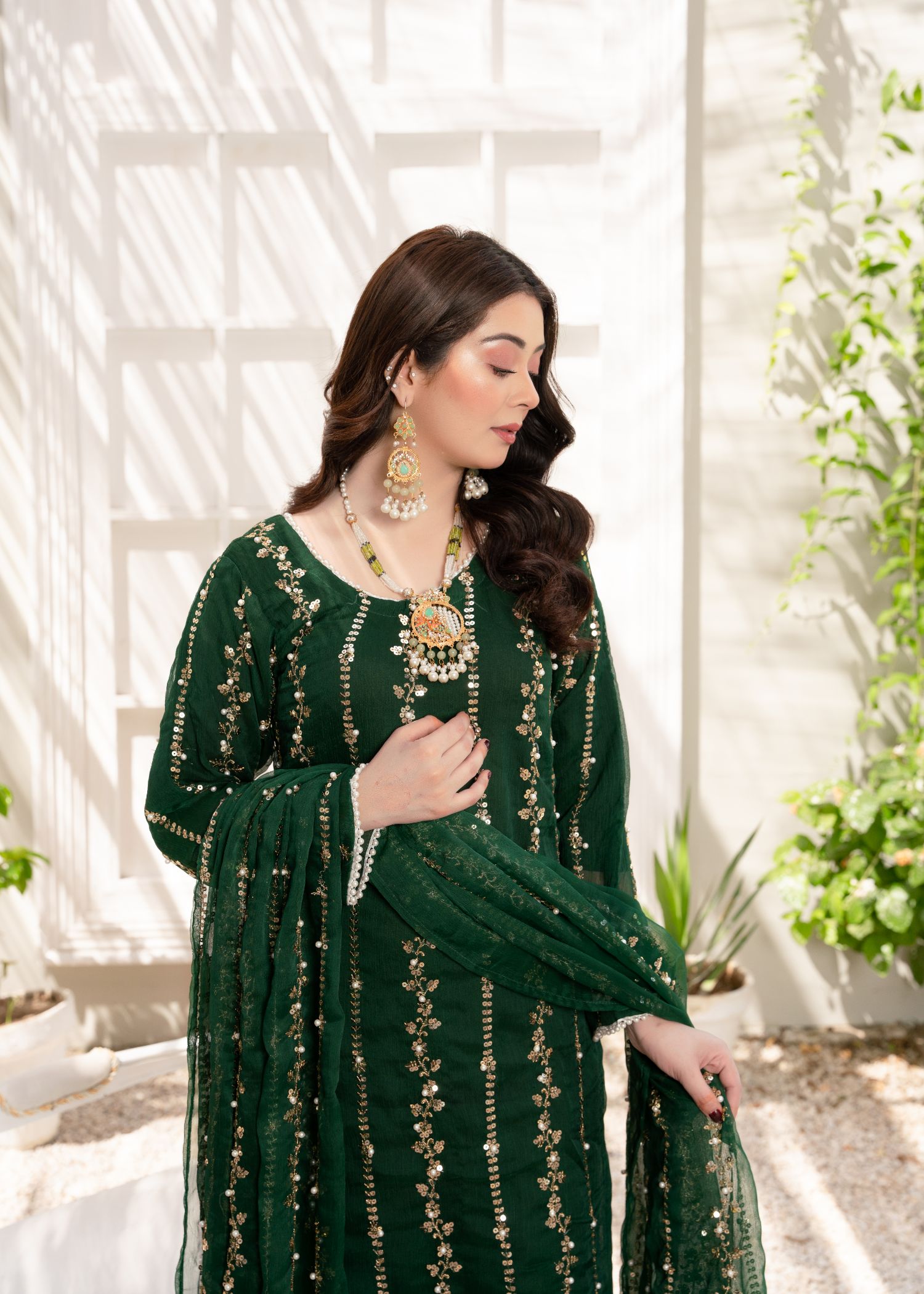 crinkle Kurta Set in Bottle green