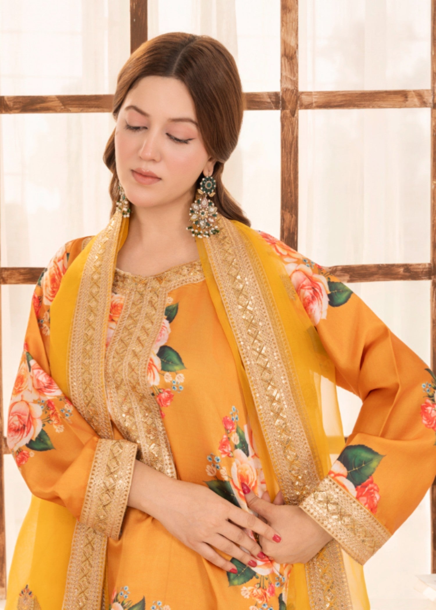 silk charmeuse Kurta Set in Yellow-orange