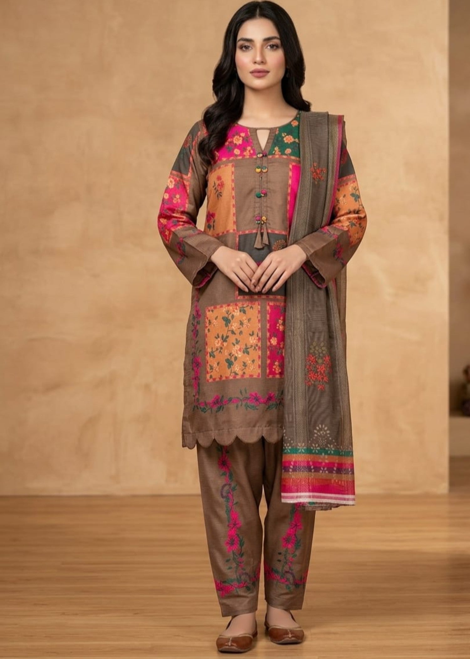 slub cambric Kurta Set in Multi